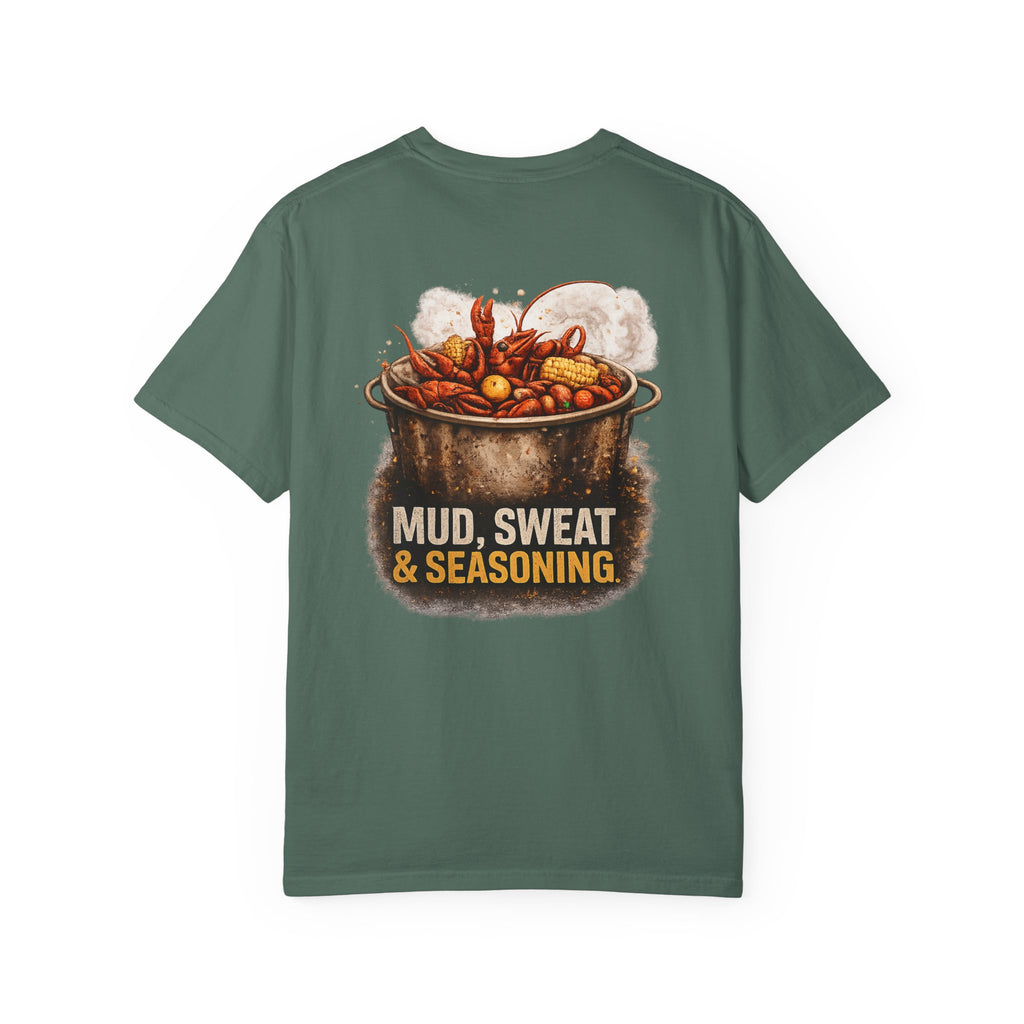 Drift South™-Mud, Sweat & Seasoning Cajun Crawfish Boil T-Shirt | Bayou Born Collection