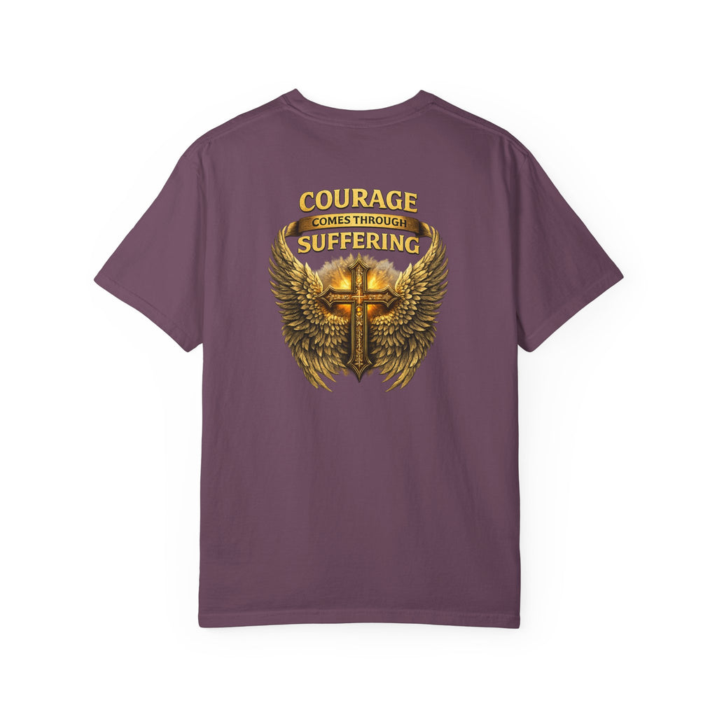 Courage Comes Through Suffering Christian Shirt – Cross & Angel Wings Tee