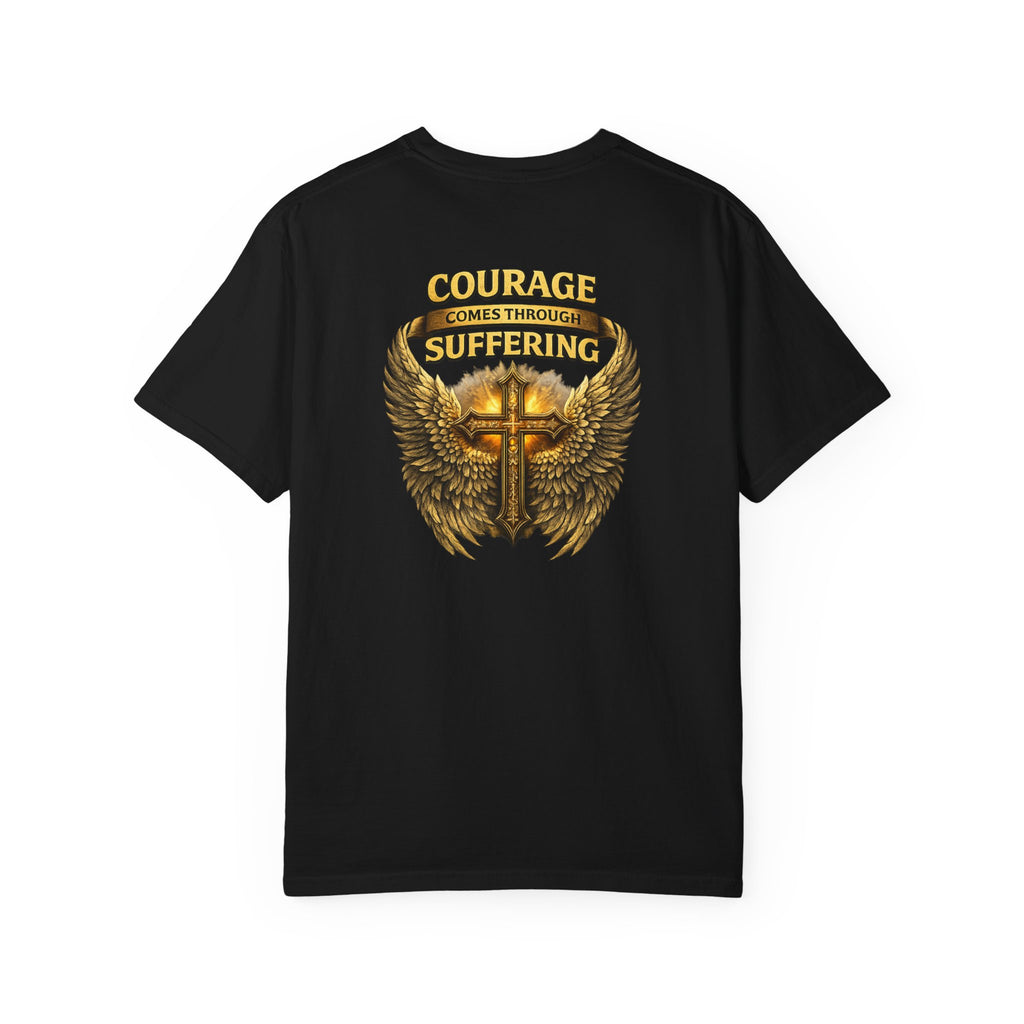 Courage Comes Through Suffering Christian Shirt – Cross & Angel Wings Tee