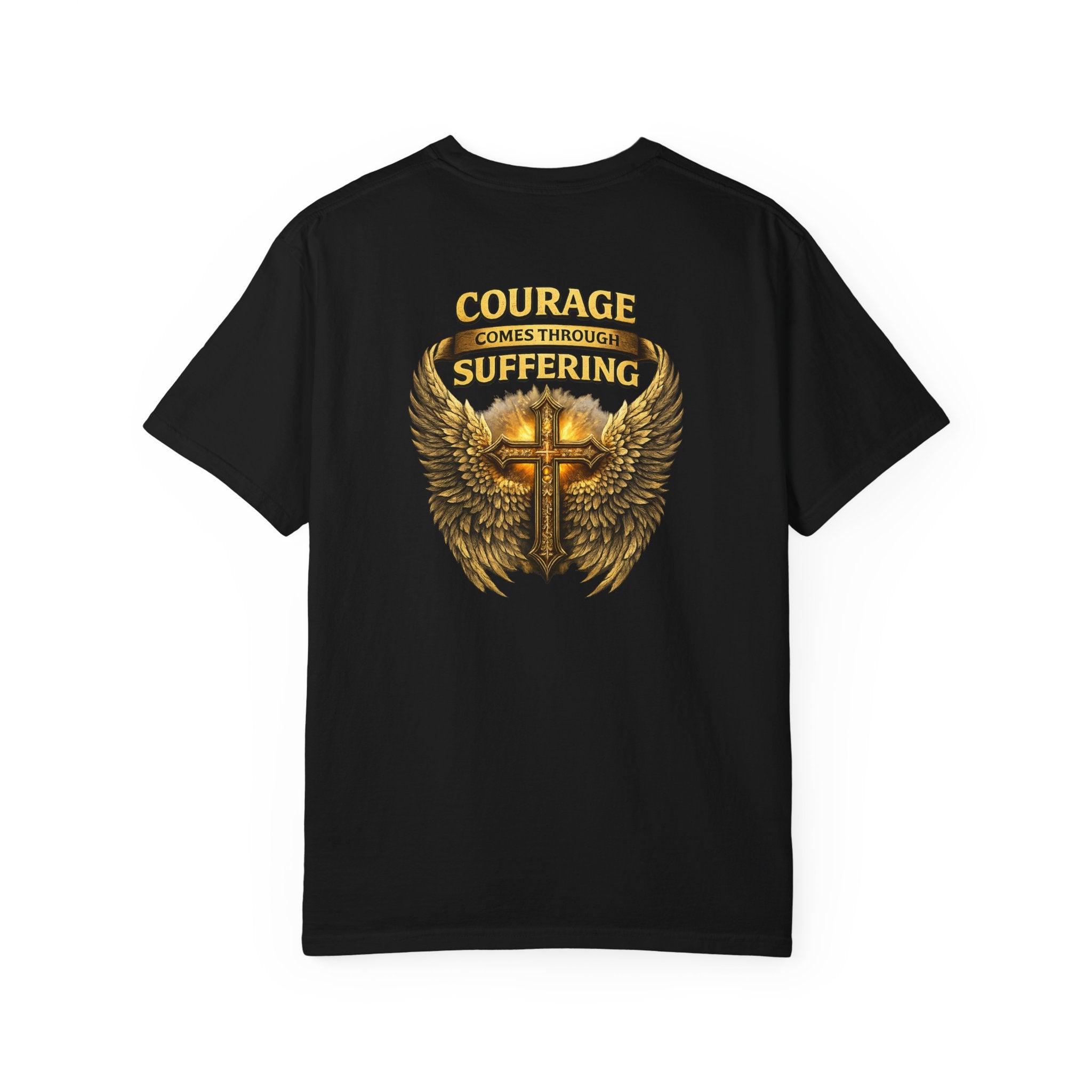 Courage Comes Through Suffering Christian Shirt – Cross & Angel Wings Tee