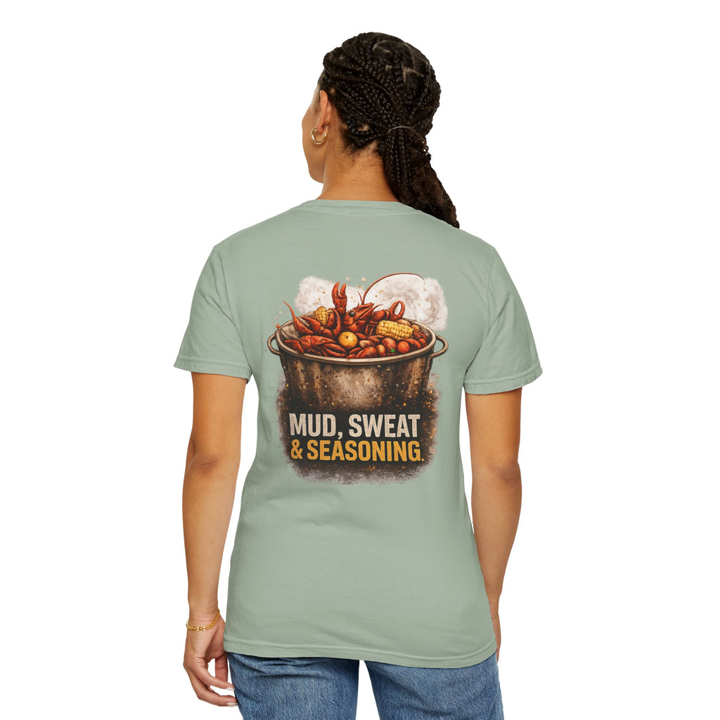 Drift South™-Mud, Sweat & Seasoning Cajun Crawfish Boil T-Shirt | Bayou Born Collection