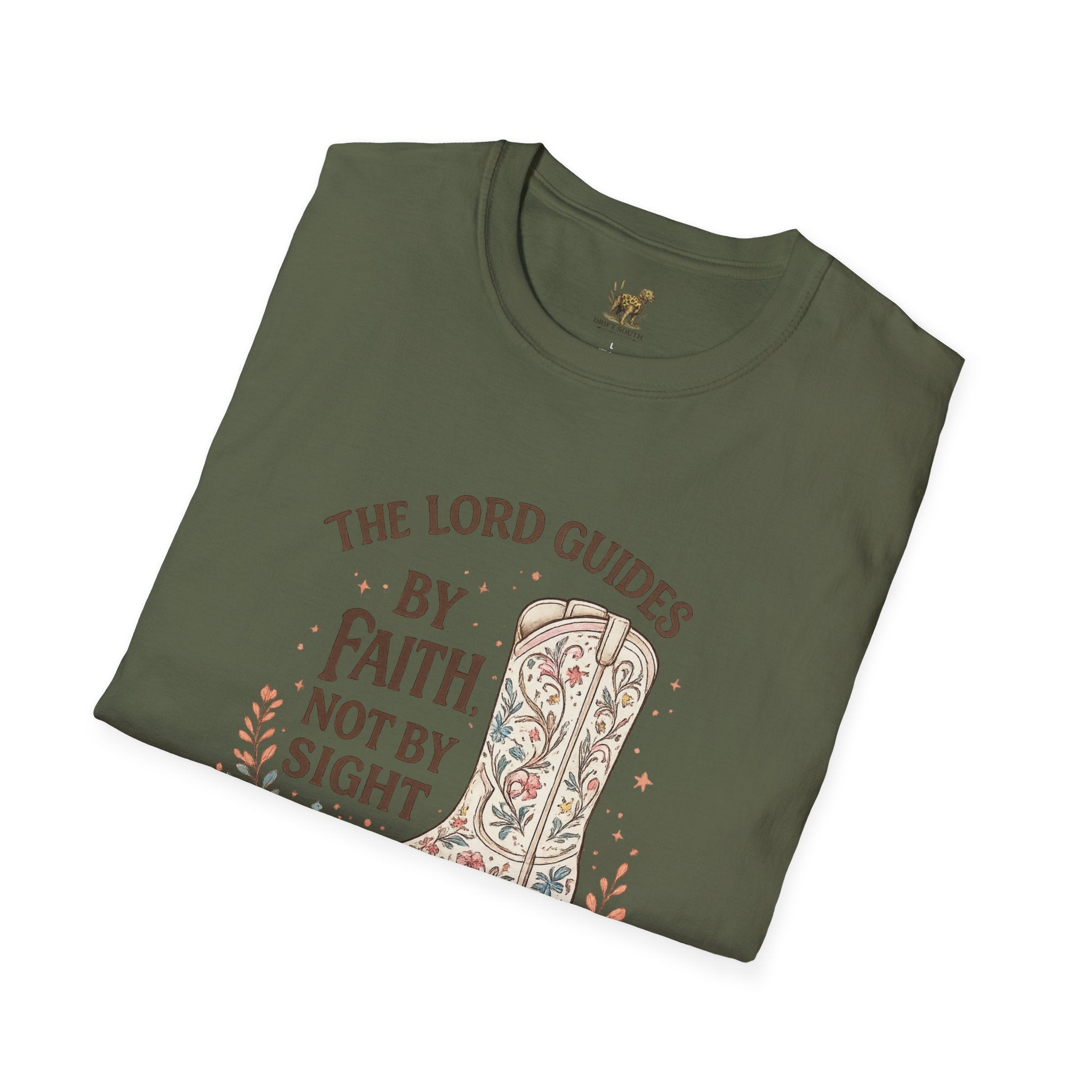 Faith Cowboy Boot T-Shirt – “The Lord Guides by Faith Not by Sight” Scripture Tee
