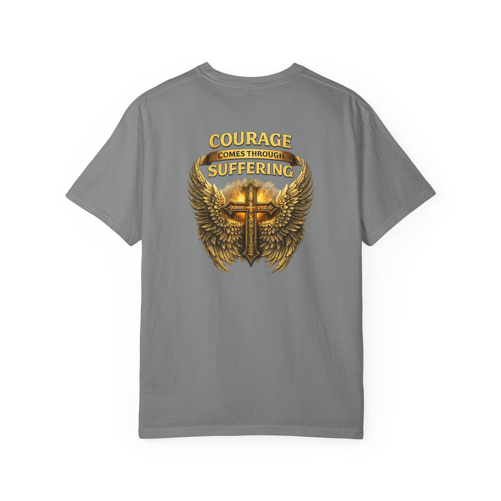 Courage Comes Through Suffering Christian Shirt – Cross & Angel Wings Tee