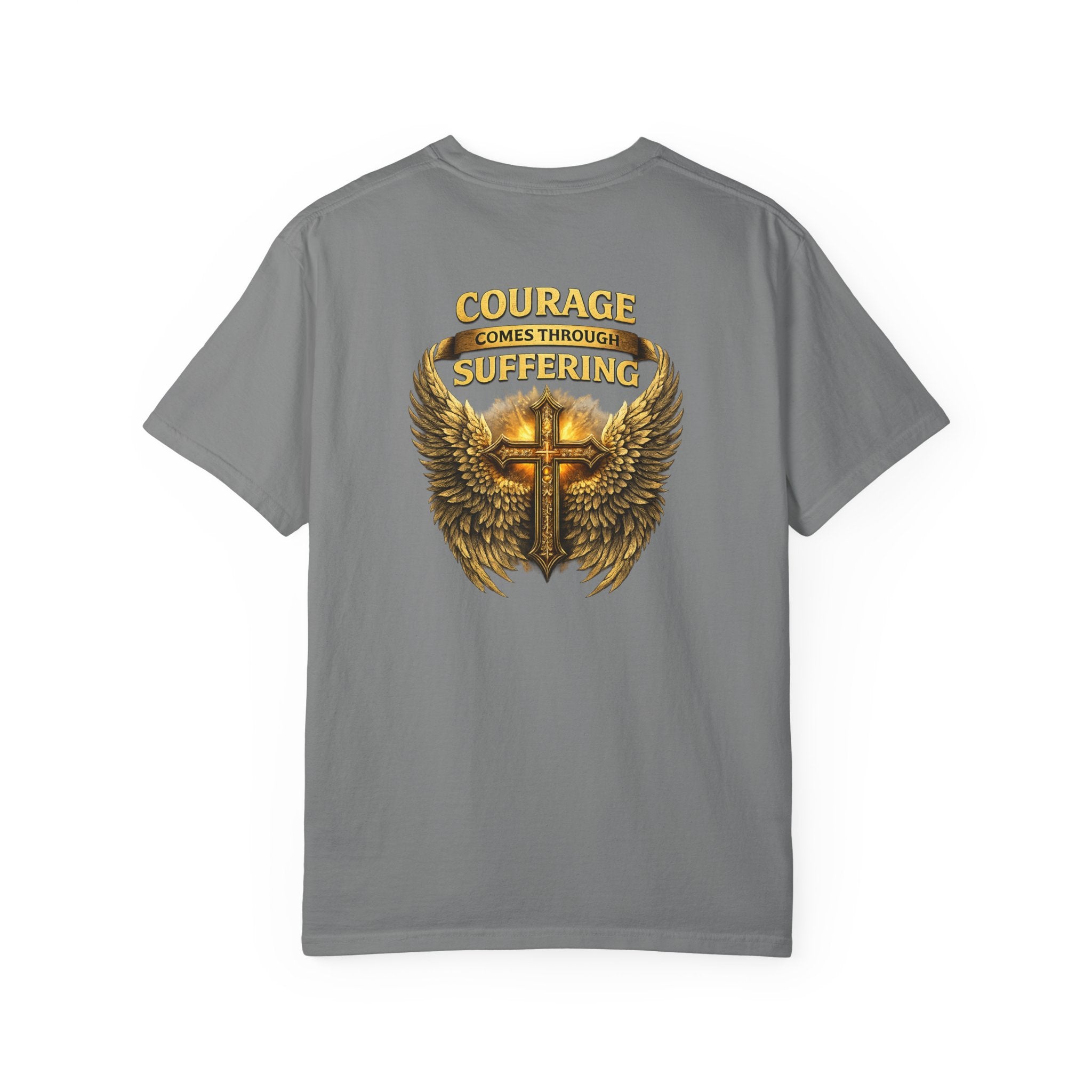 Courage Comes Through Suffering Christian Shirt – Cross & Angel Wings Tee