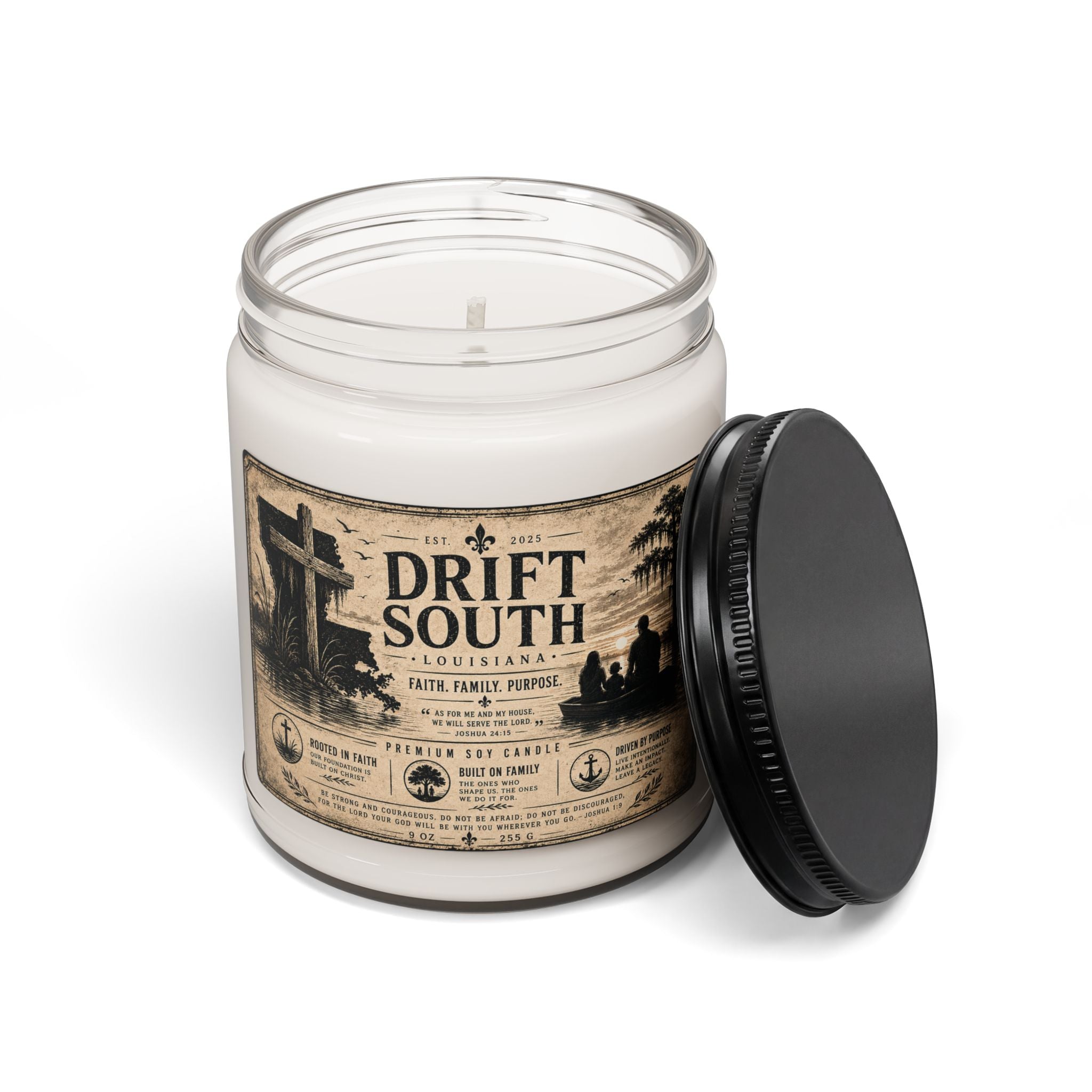 Drift South Scented Soy Candle — 9oz Rustic Louisiana Fragrance (Faith, Family, Purpose)
