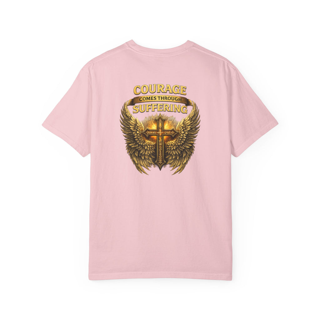 Courage Comes Through Suffering Christian Shirt – Cross & Angel Wings Tee
