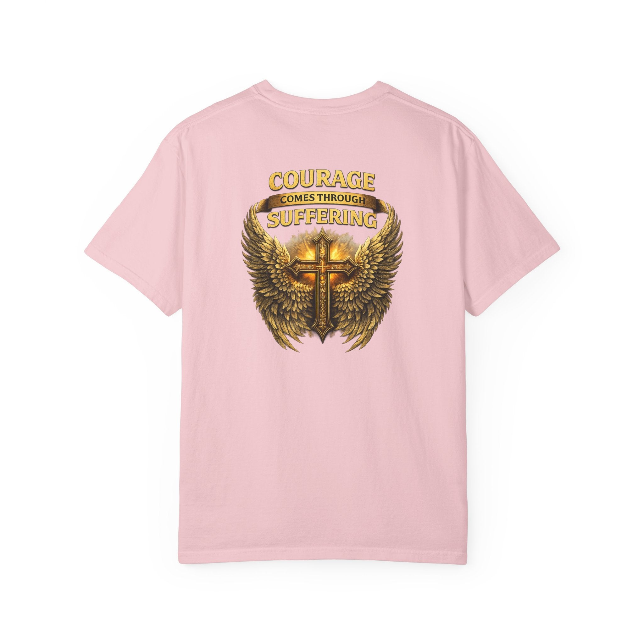 Courage Comes Through Suffering Christian Shirt – Cross & Angel Wings Tee