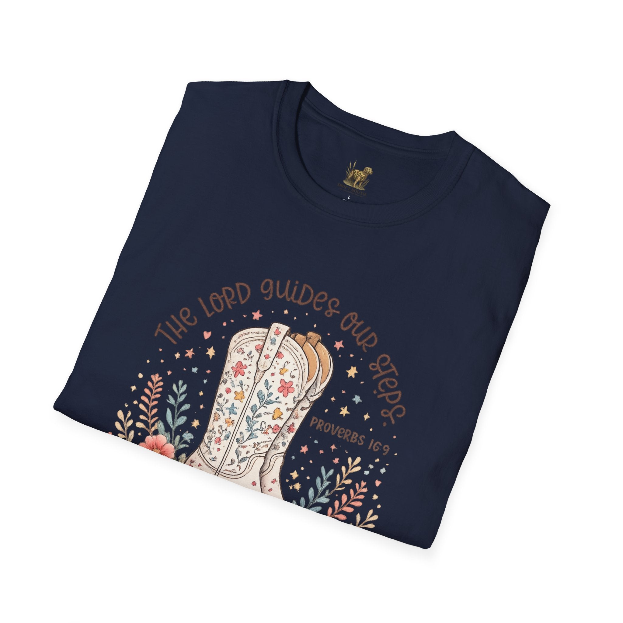 Christian Cowboy Boot T-Shirt — “The Lord Guides Our Steps” Floral Western Tee