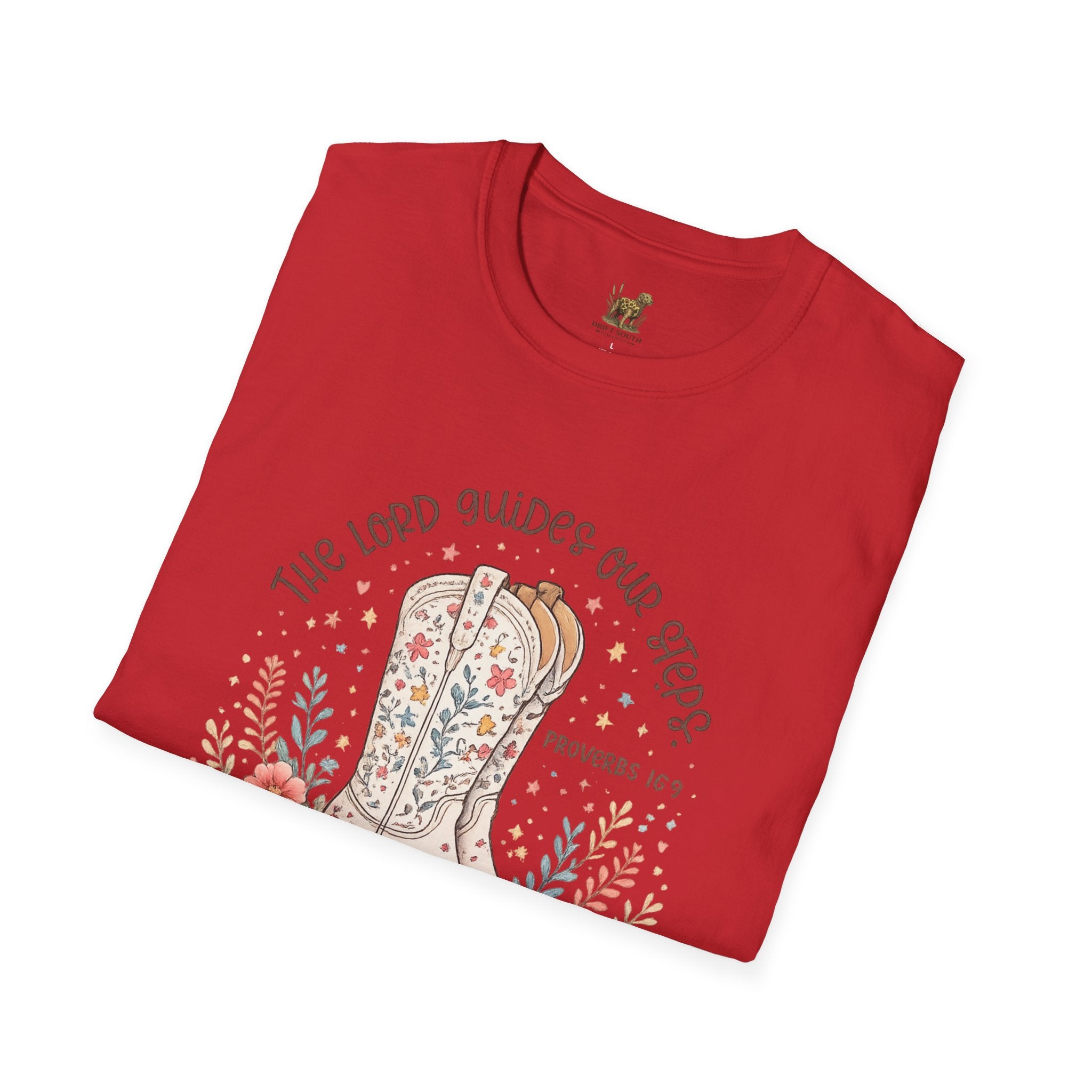 Christian Cowboy Boot T-Shirt — “The Lord Guides Our Steps” Floral Western Tee