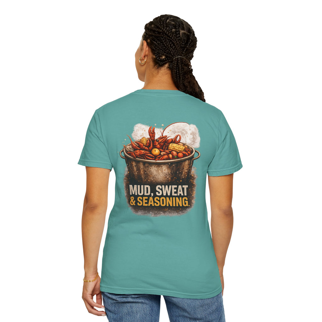Drift South™-Mud, Sweat & Seasoning Cajun Crawfish Boil T-Shirt | Bayou Born Collection