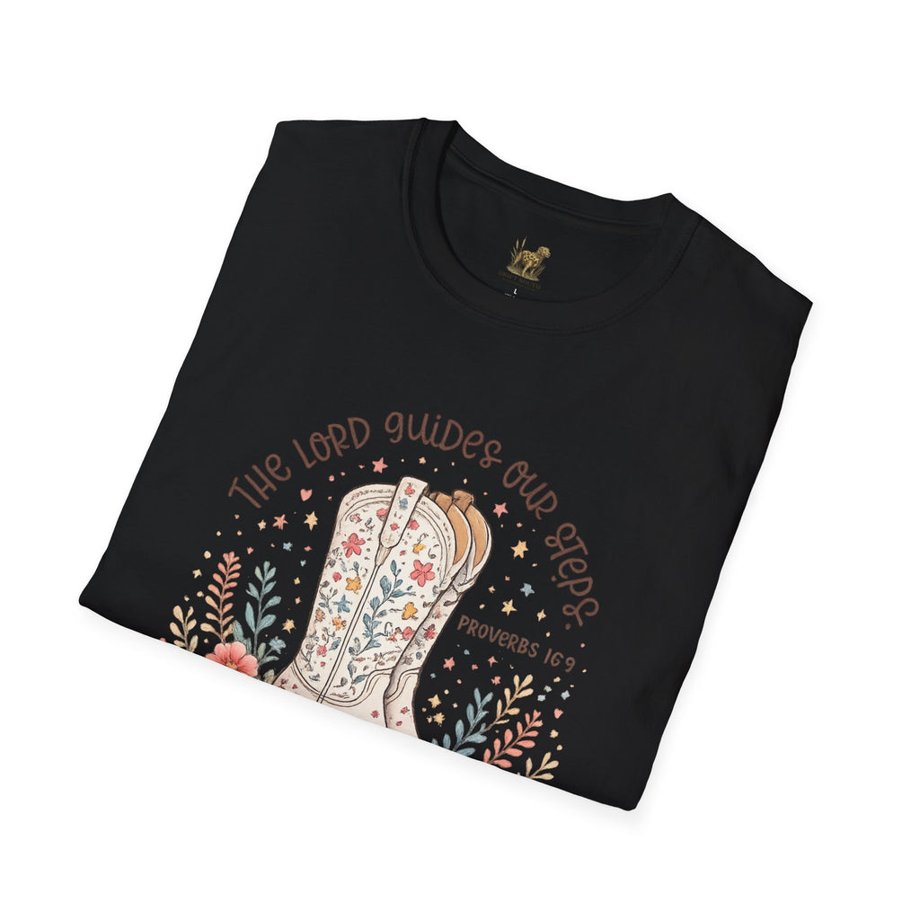 Christian Cowboy Boot T-Shirt — “The Lord Guides Our Steps” Floral Western Tee