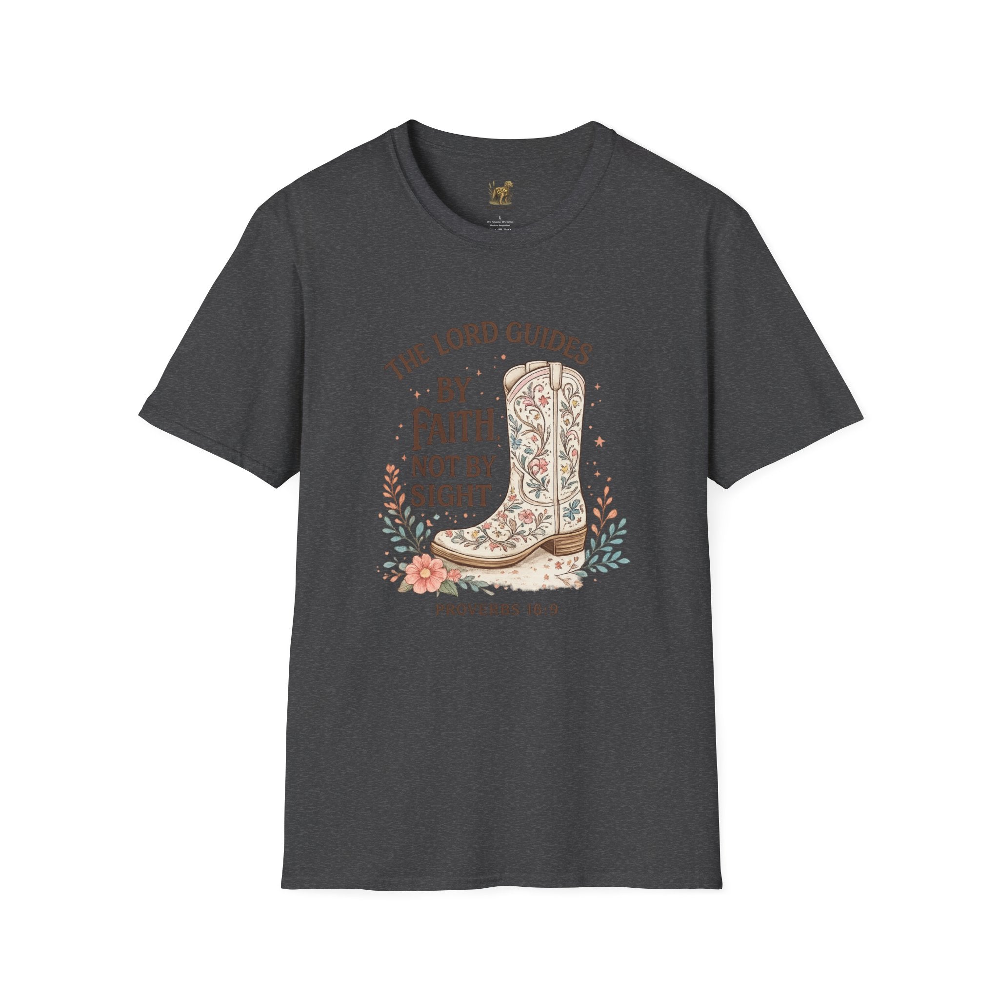 Faith Cowboy Boot T-Shirt – “The Lord Guides by Faith Not by Sight” Scripture Tee