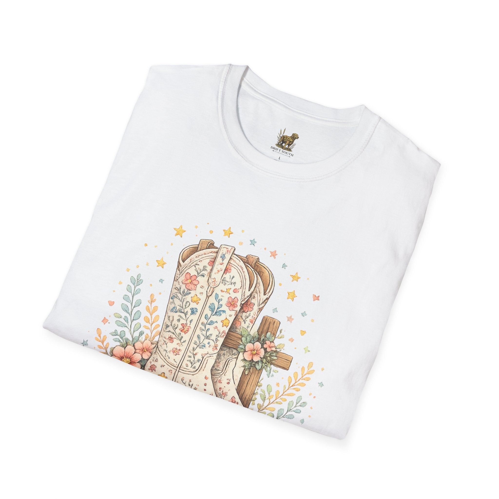 Faith Walk Graphic T-Shirt — Floral Cowboy Boots & Cross Design