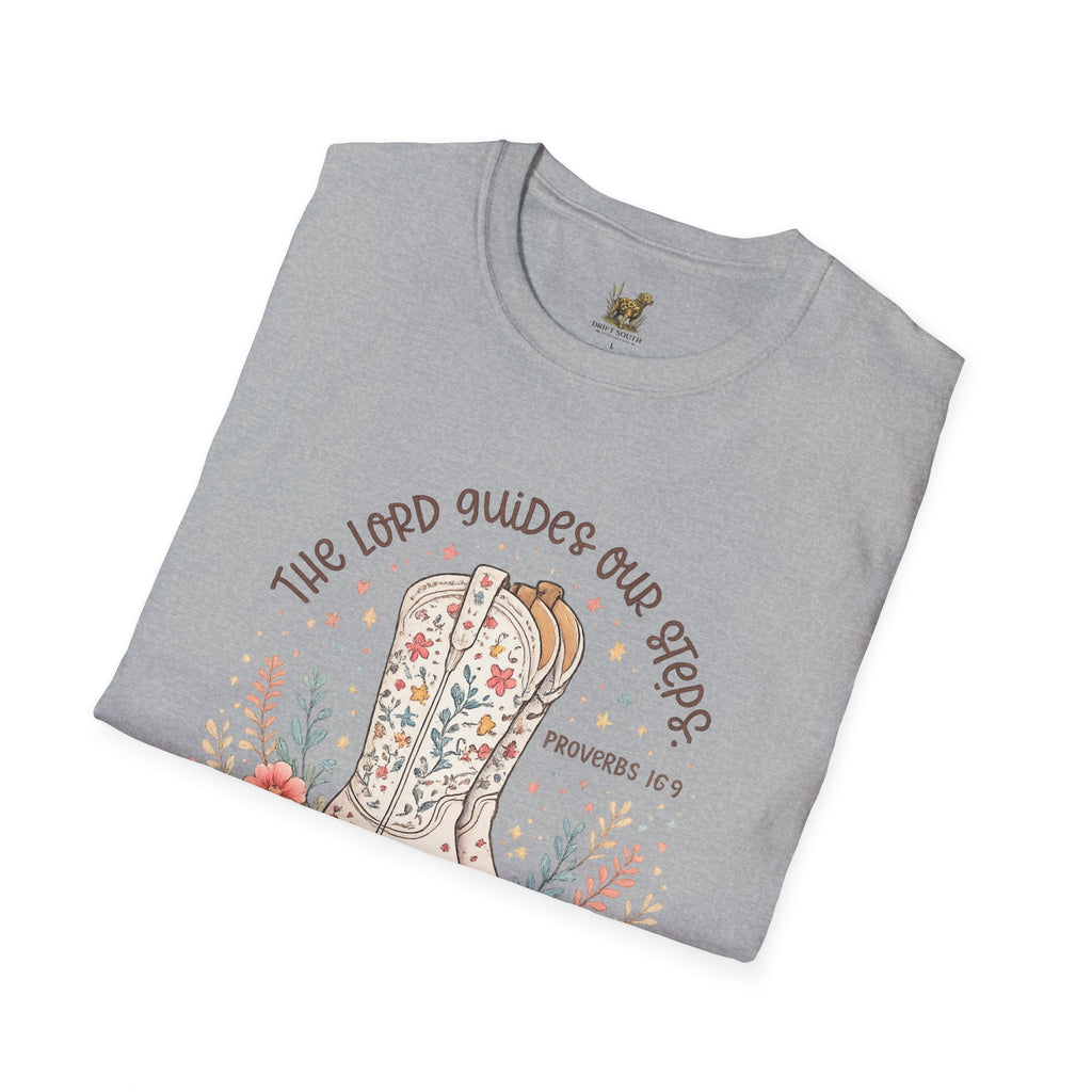 Christian Cowboy Boot T-Shirt — “The Lord Guides Our Steps” Floral Western Tee