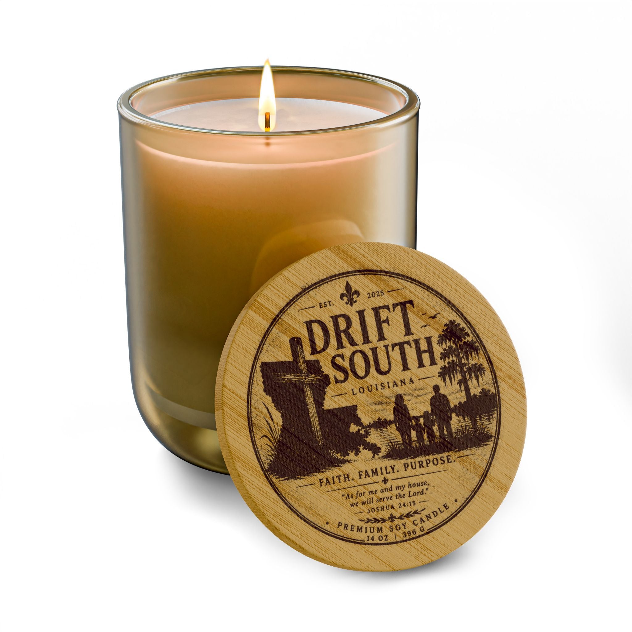 Drift South Engraved Soy Candle — 14oz Scented Candle with Wooden Lid