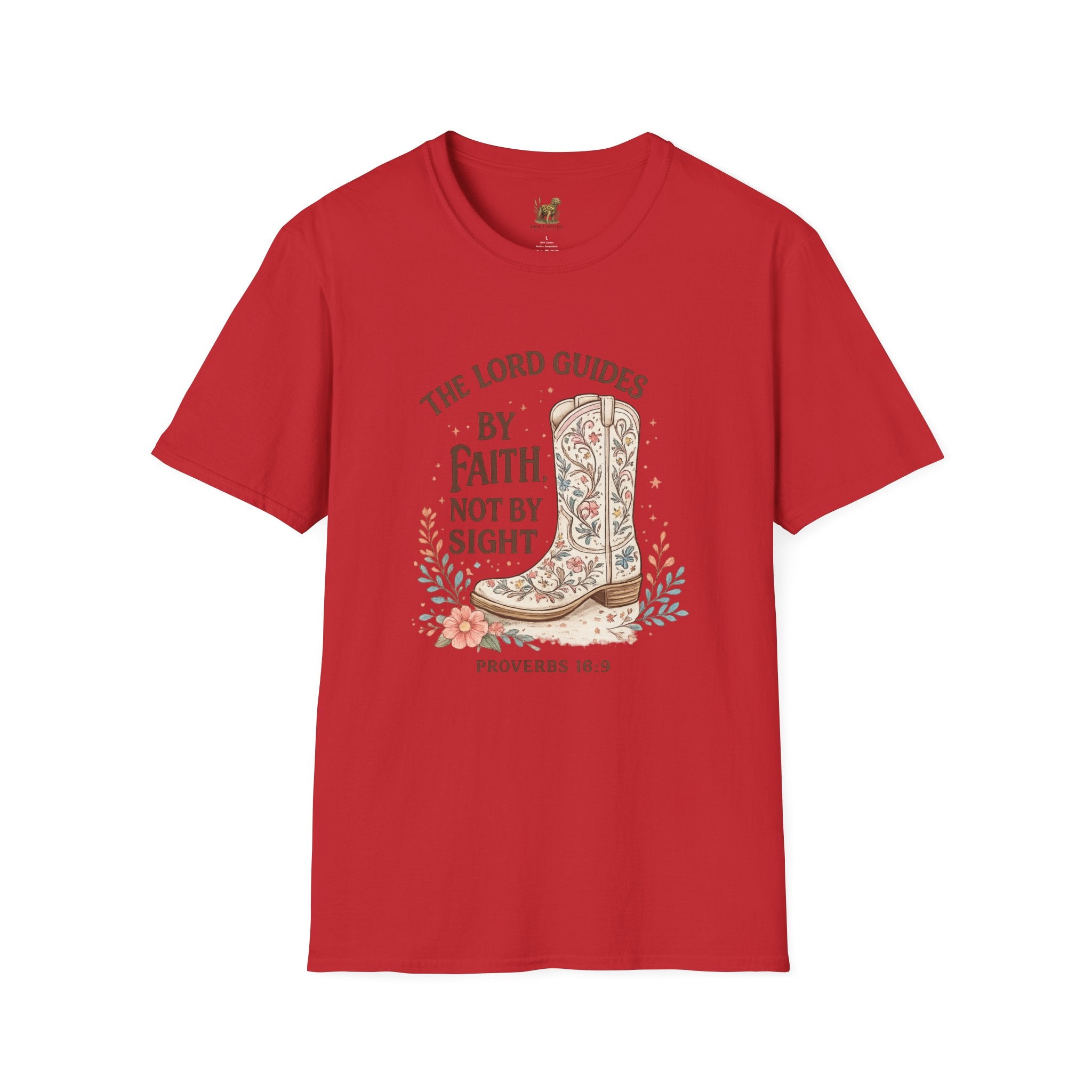 Faith Cowboy Boot T-Shirt – “The Lord Guides by Faith Not by Sight” Scripture Tee