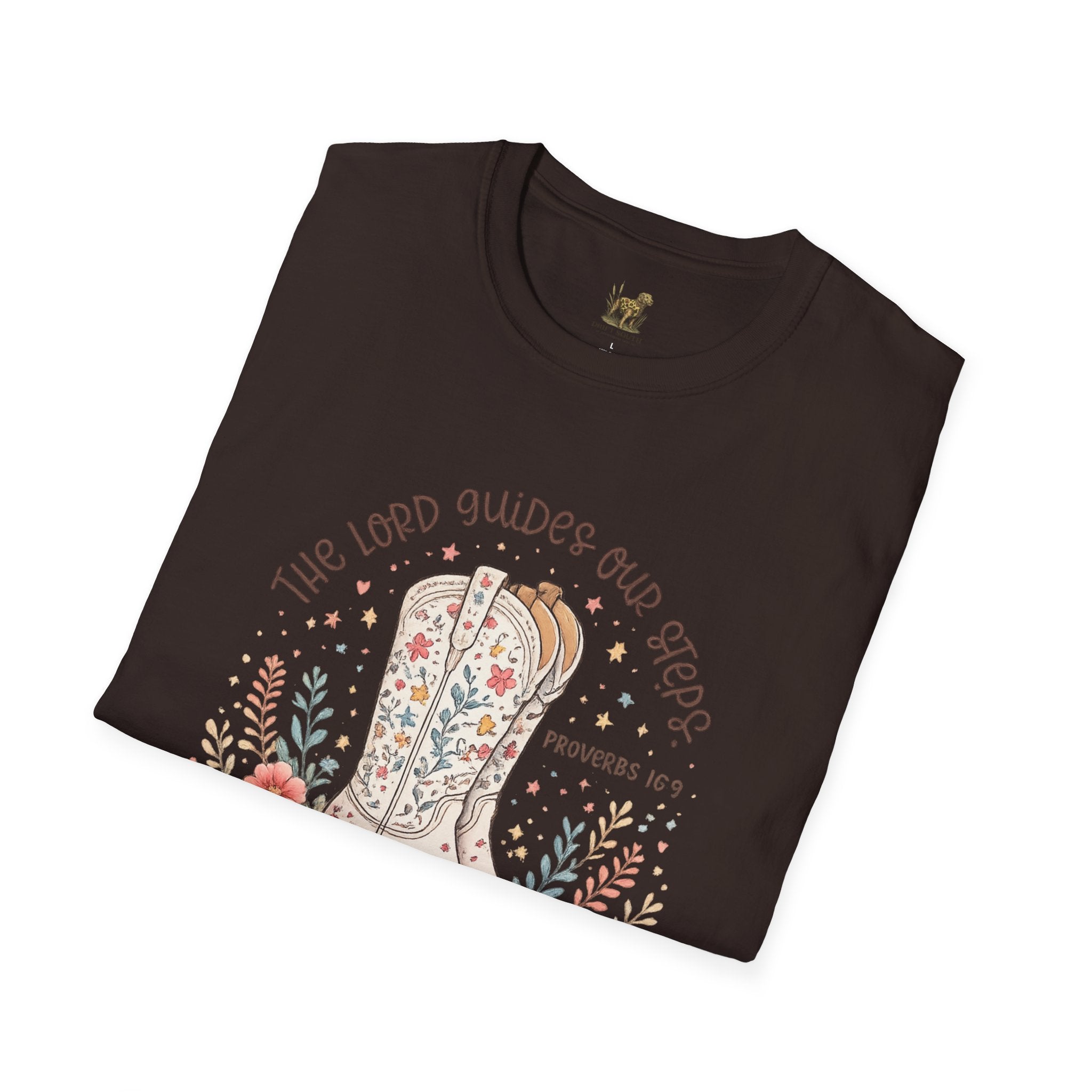 Christian Cowboy Boot T-Shirt — “The Lord Guides Our Steps” Floral Western Tee
