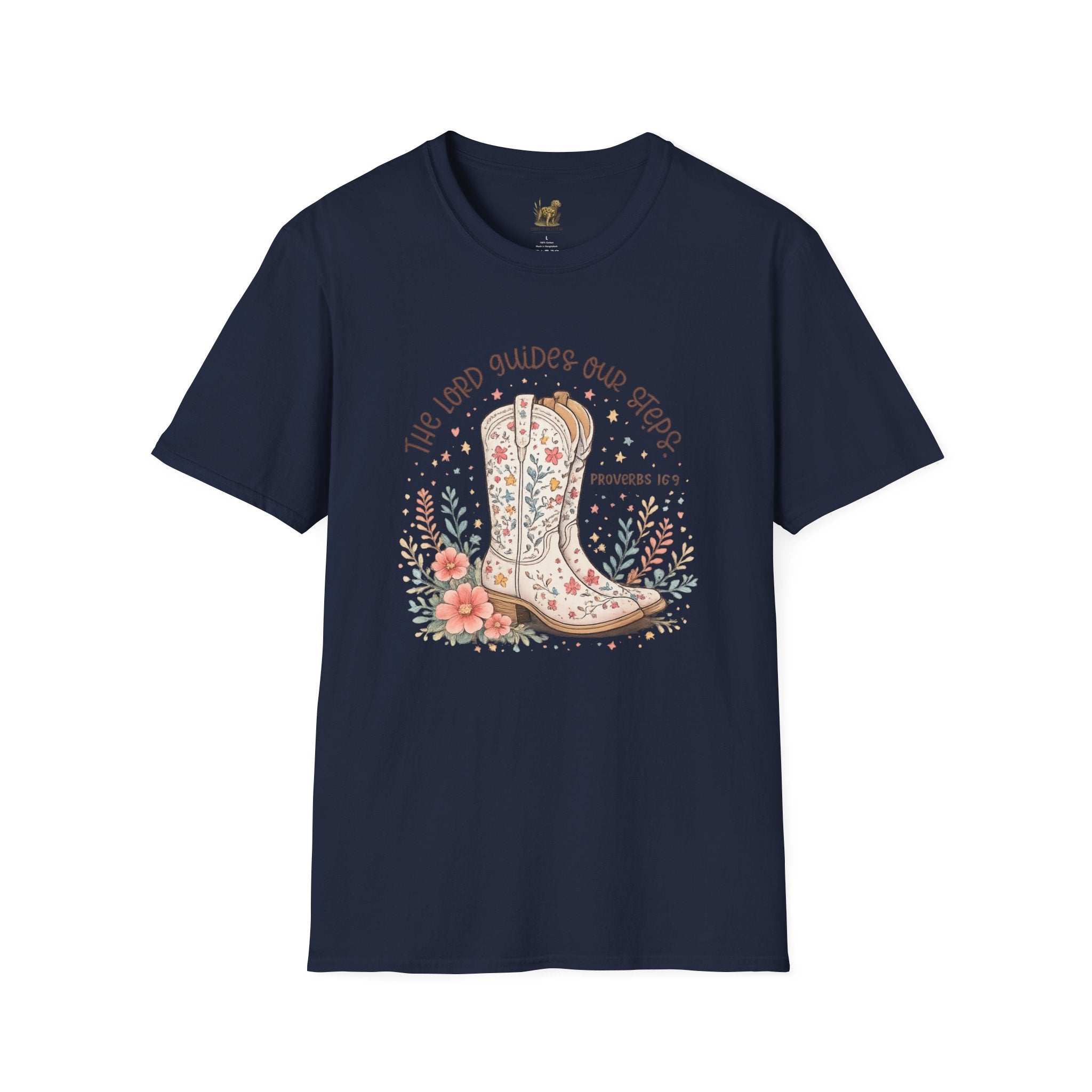 Christian Cowboy Boot T-Shirt — “The Lord Guides Our Steps” Floral Western Tee