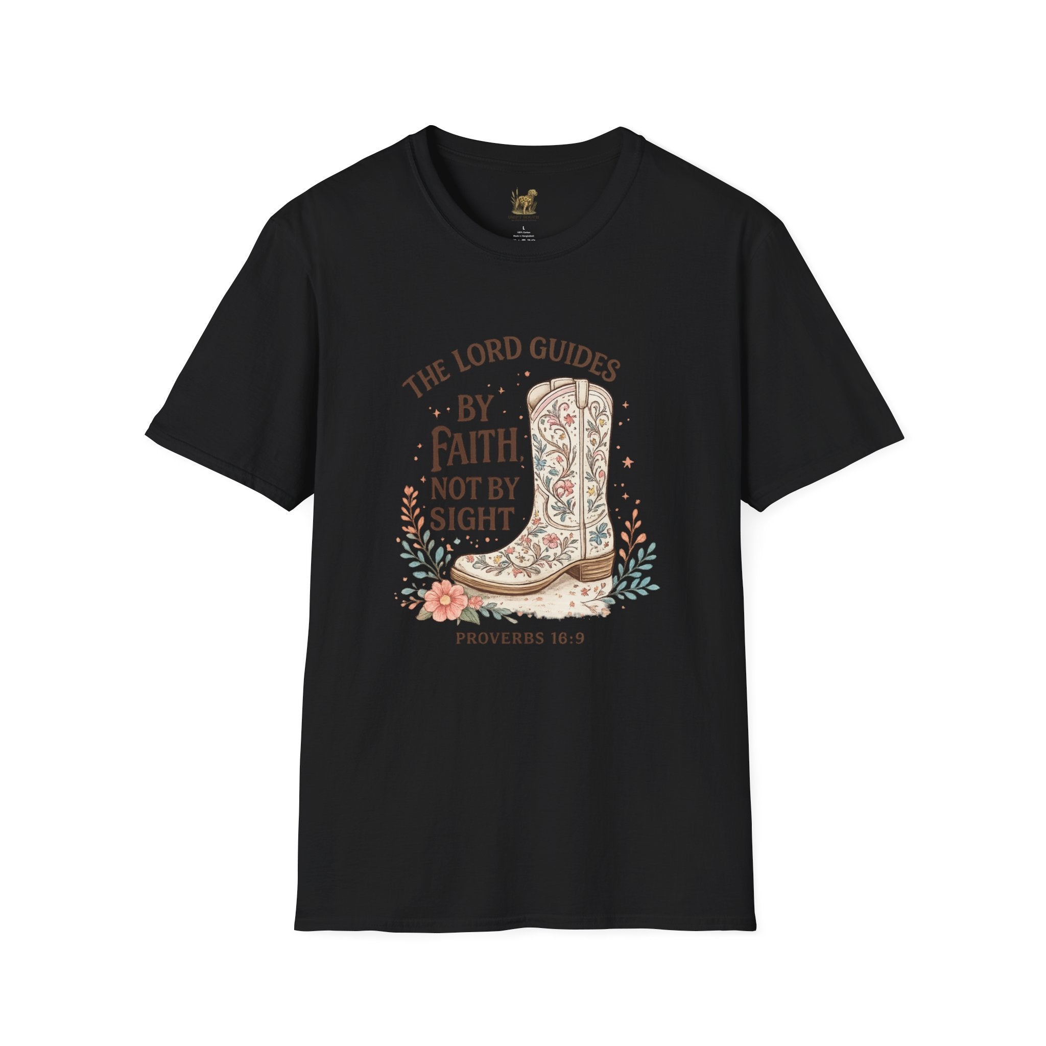 Faith Cowboy Boot T-Shirt – “The Lord Guides by Faith Not by Sight” Scripture Tee