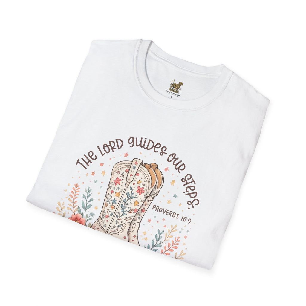 Christian Cowboy Boot T-Shirt — “The Lord Guides Our Steps” Floral Western Tee