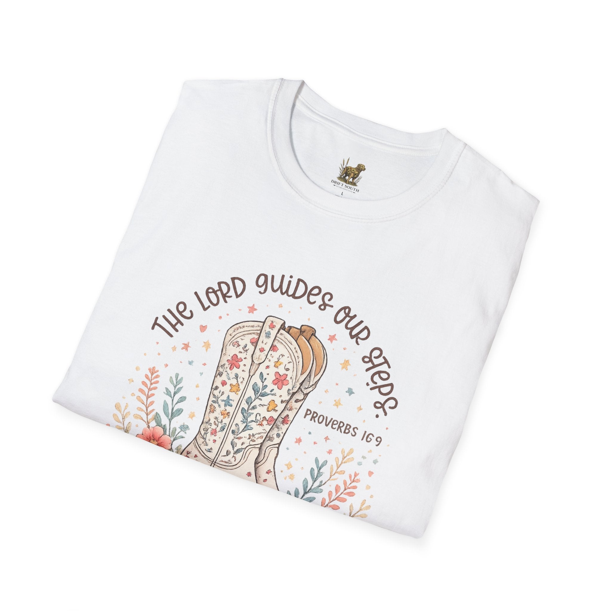 Christian Cowboy Boot T-Shirt — “The Lord Guides Our Steps” Floral Western Tee