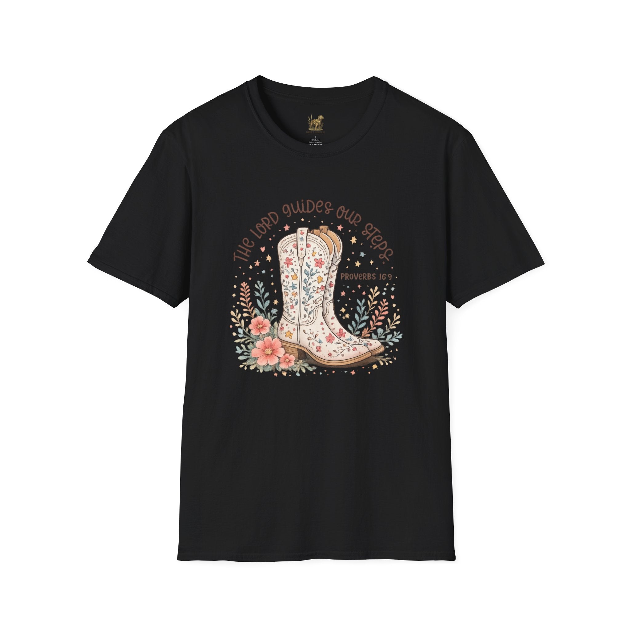 Christian Cowboy Boot T-Shirt — “The Lord Guides Our Steps” Floral Western Tee
