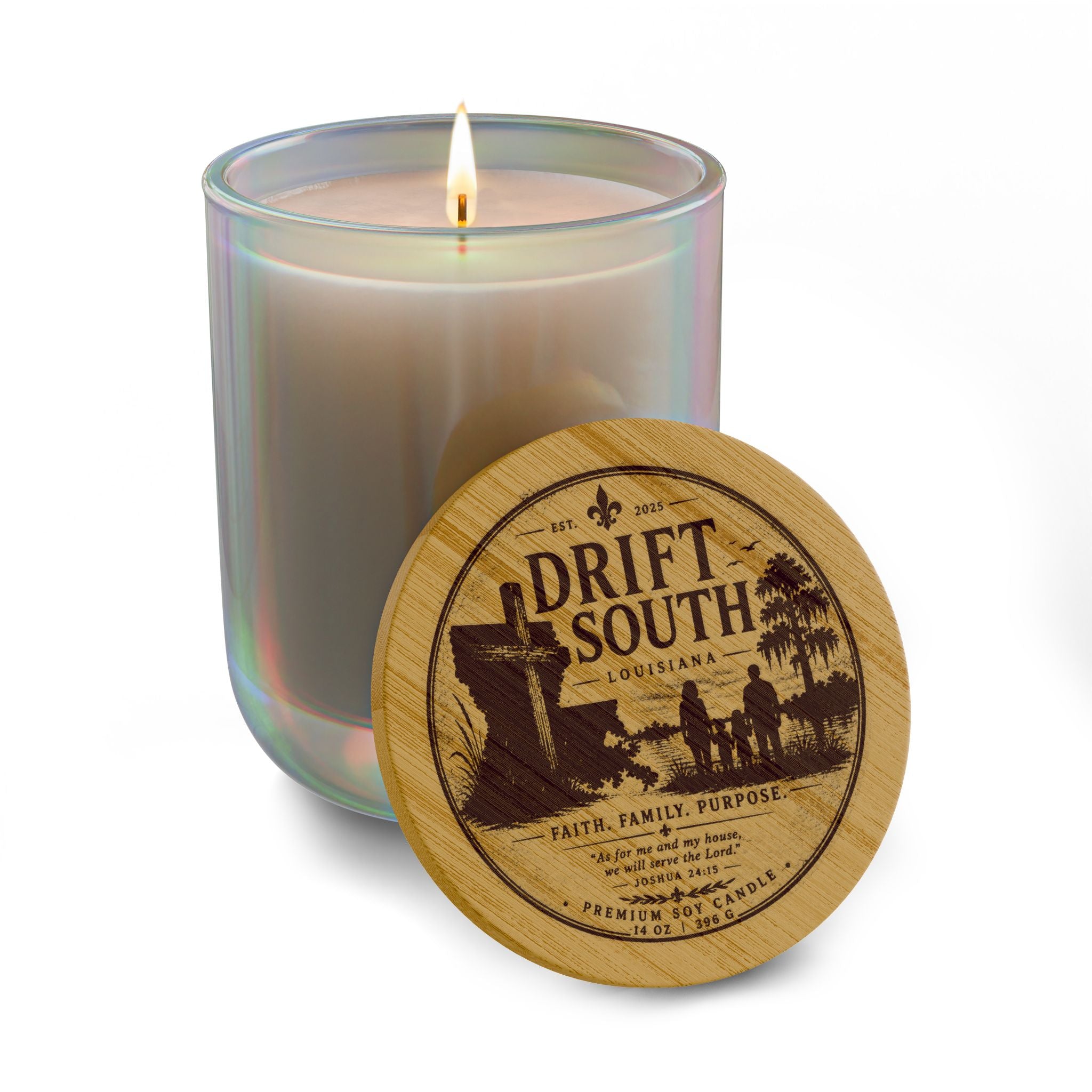 Drift South Engraved Soy Candle — 14oz Scented Candle with Wooden Lid