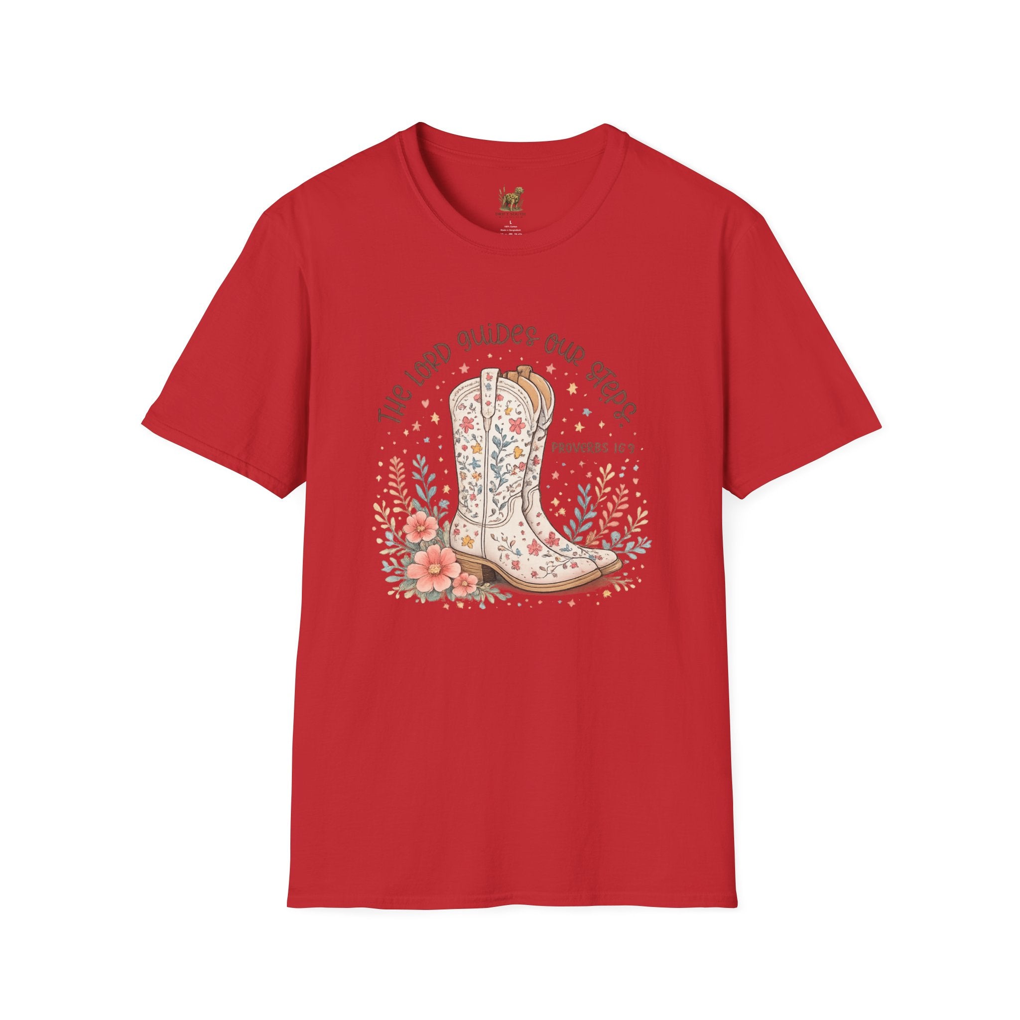 Christian Cowboy Boot T-Shirt — “The Lord Guides Our Steps” Floral Western Tee
