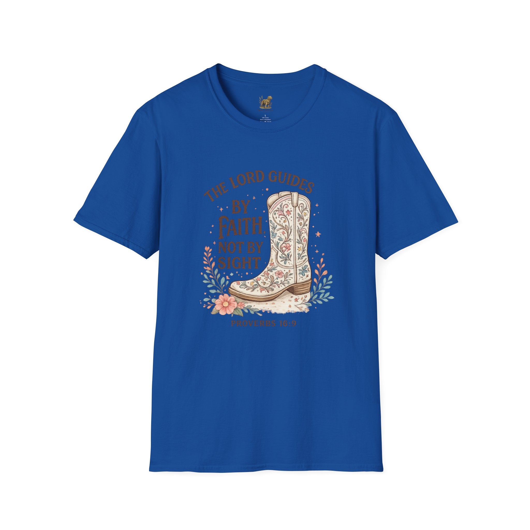 Faith Cowboy Boot T-Shirt – “The Lord Guides by Faith Not by Sight” Scripture Tee