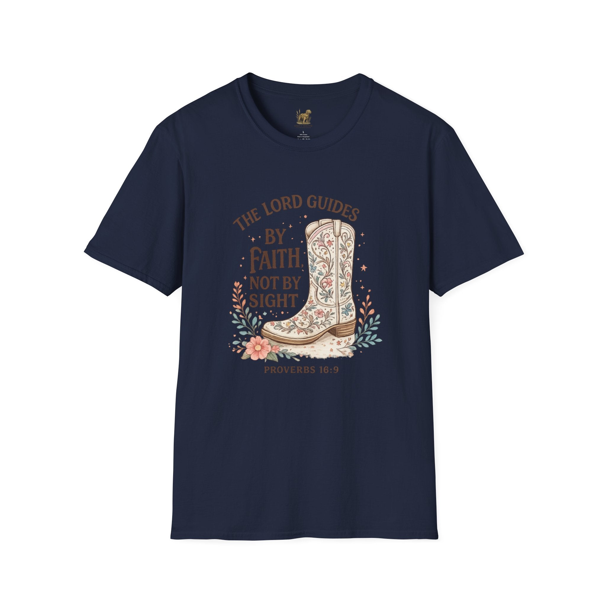 Faith Cowboy Boot T-Shirt – “The Lord Guides by Faith Not by Sight” Scripture Tee