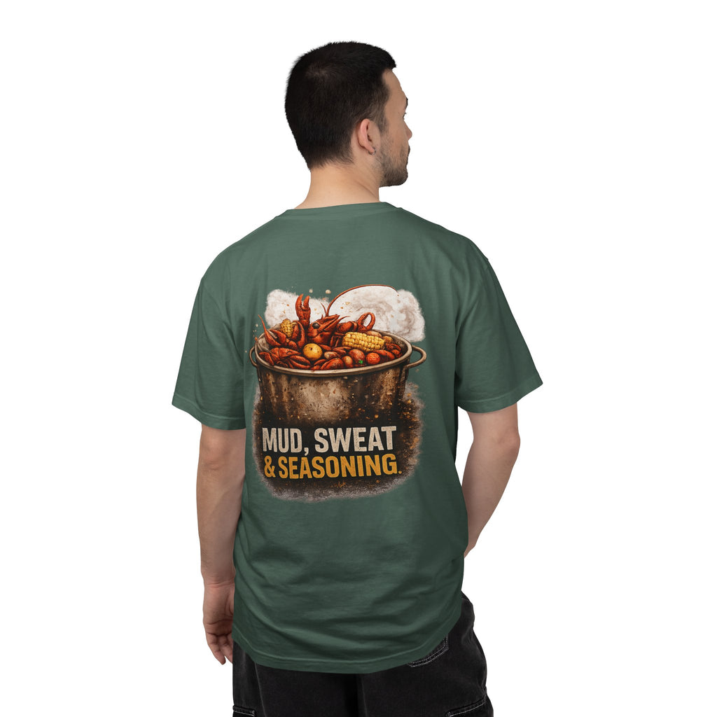 Drift South™-Mud, Sweat & Seasoning Cajun Crawfish Boil T-Shirt | Bayou Born Collection