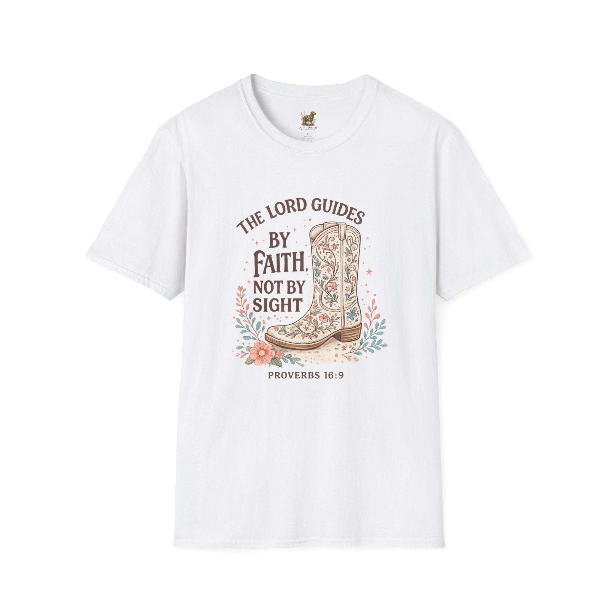 Faith Cowboy Boot T-Shirt – “The Lord Guides by Faith Not by Sight” Scripture Tee
