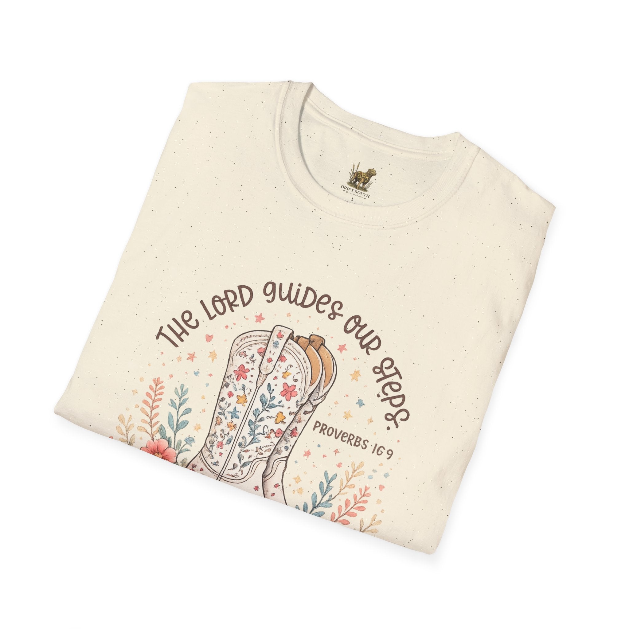 Christian Cowboy Boot T-Shirt — “The Lord Guides Our Steps” Floral Western Tee