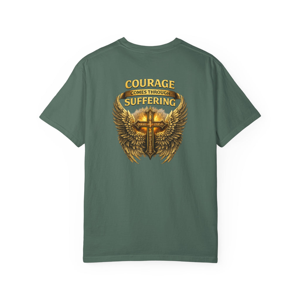 Courage Comes Through Suffering Christian Shirt – Cross & Angel Wings Tee
