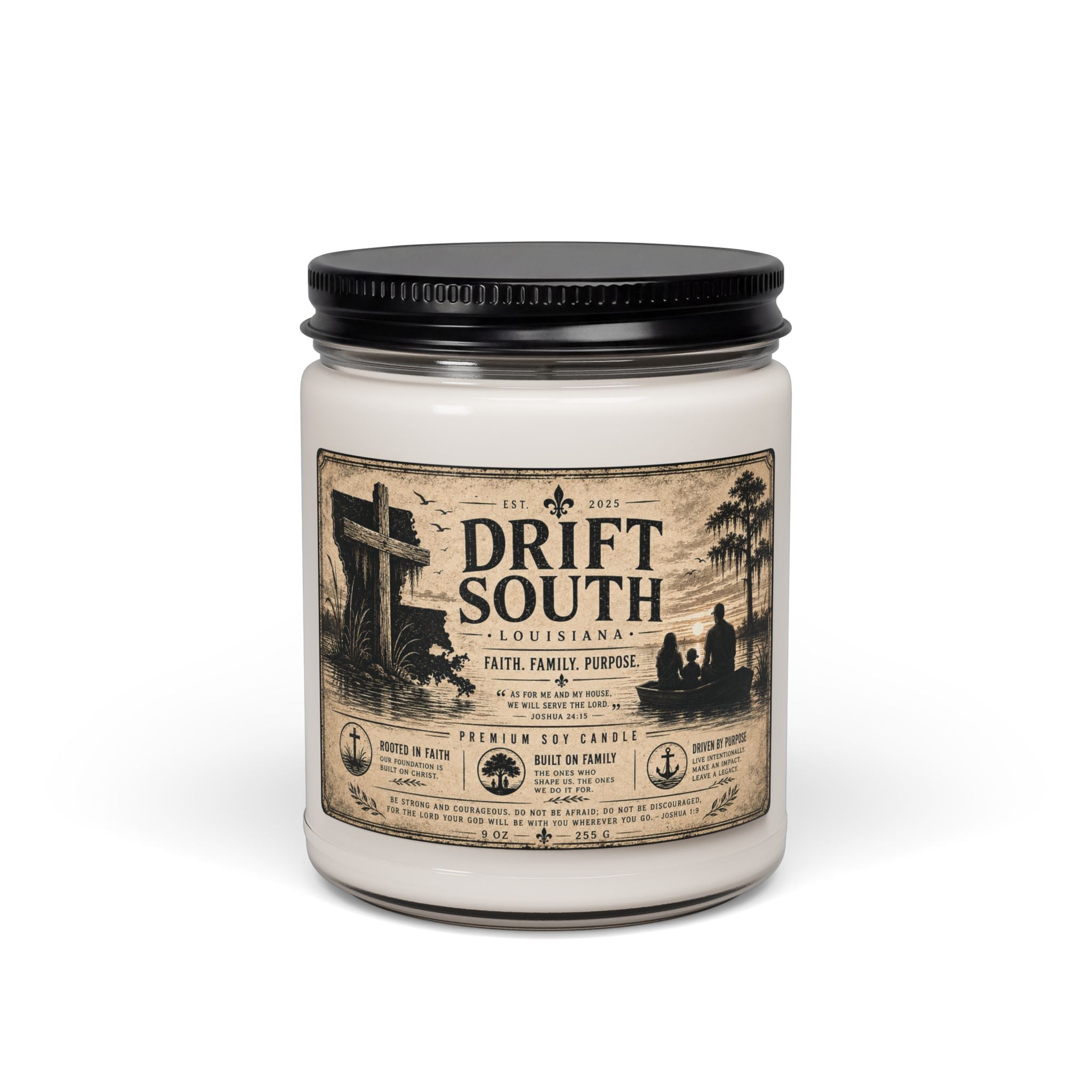 Drift South Scented Soy Candle — 9oz Rustic Louisiana Fragrance (Faith, Family, Purpose)