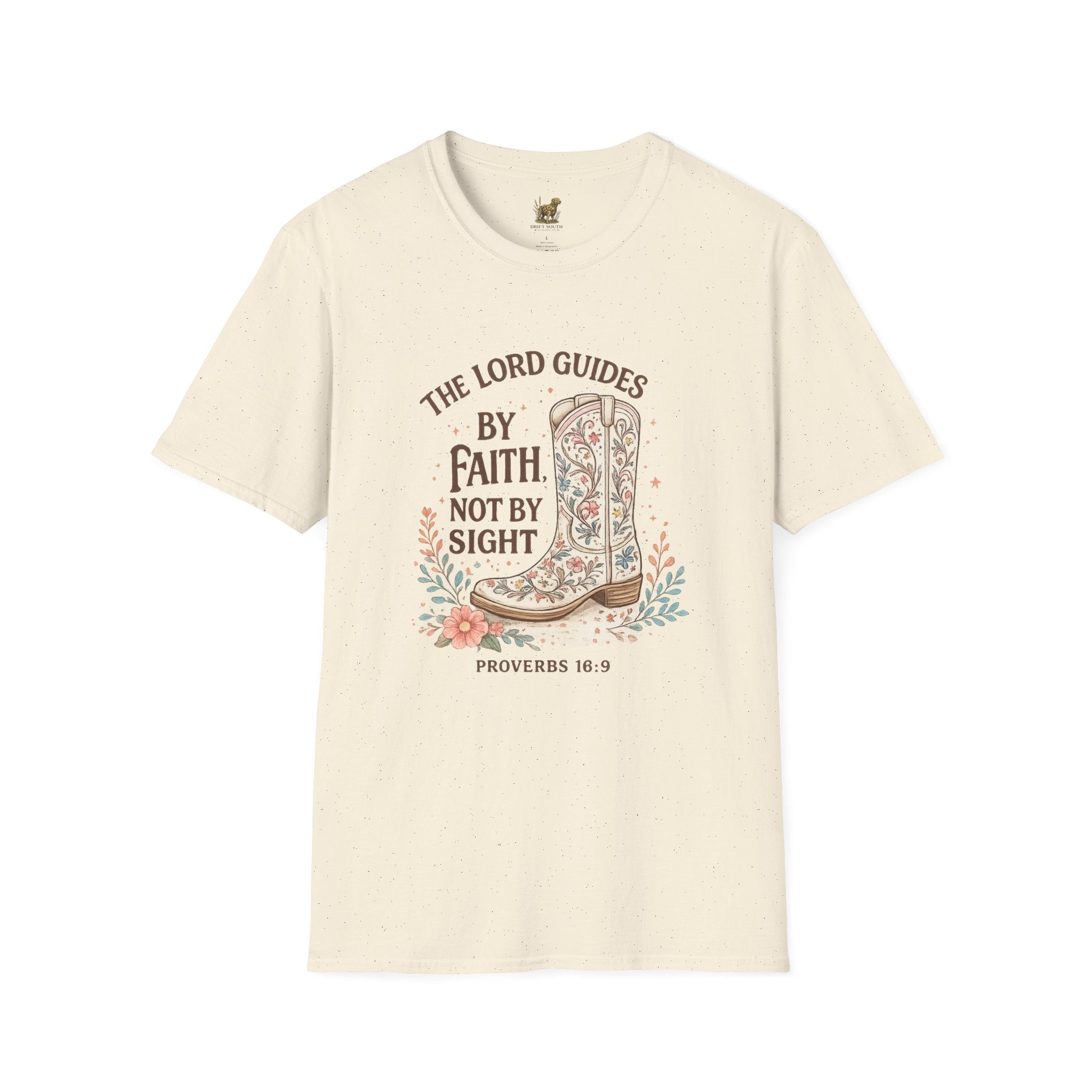 Faith Cowboy Boot T-Shirt – “The Lord Guides by Faith Not by Sight” Scripture Tee