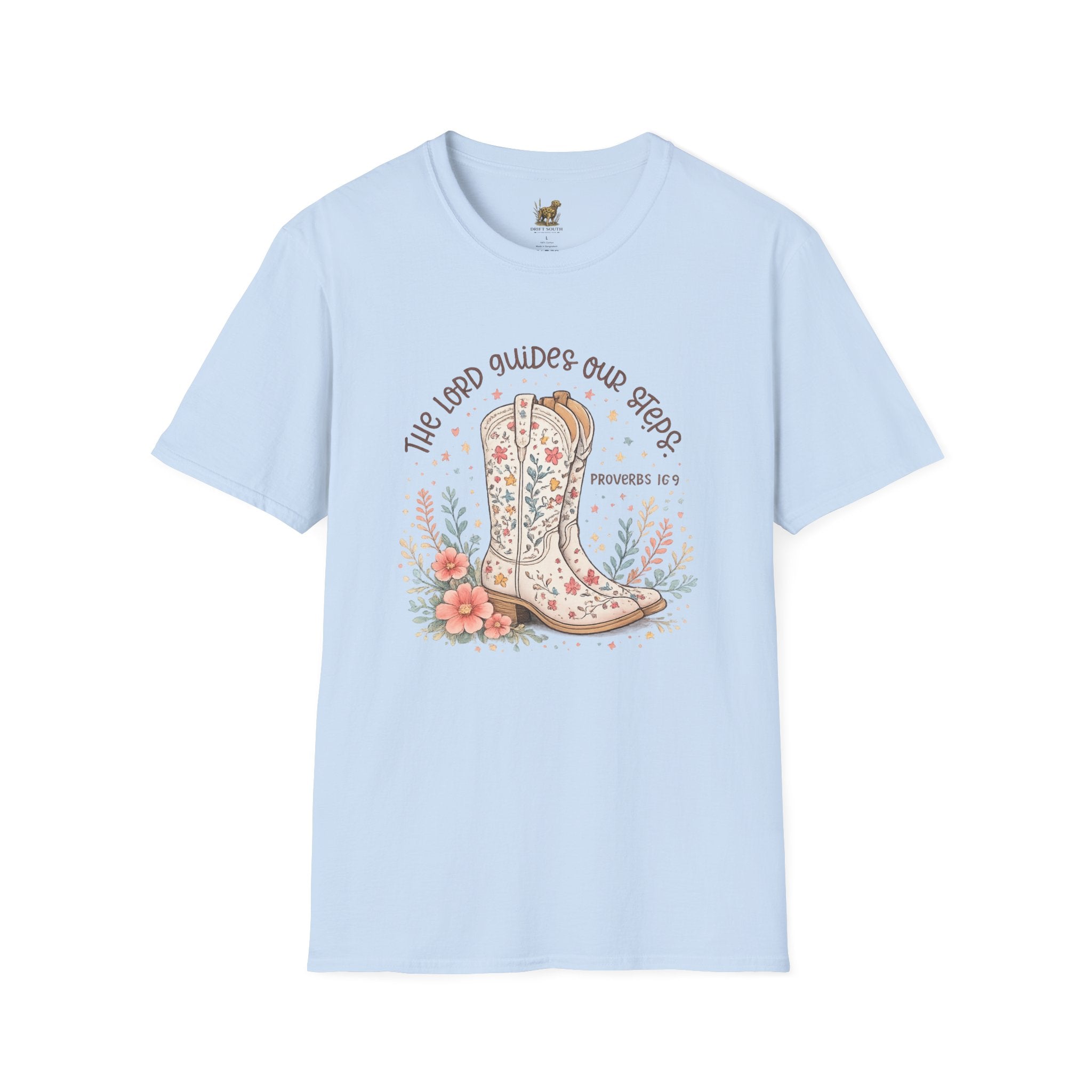 Christian Cowboy Boot T-Shirt — “The Lord Guides Our Steps” Floral Western Tee