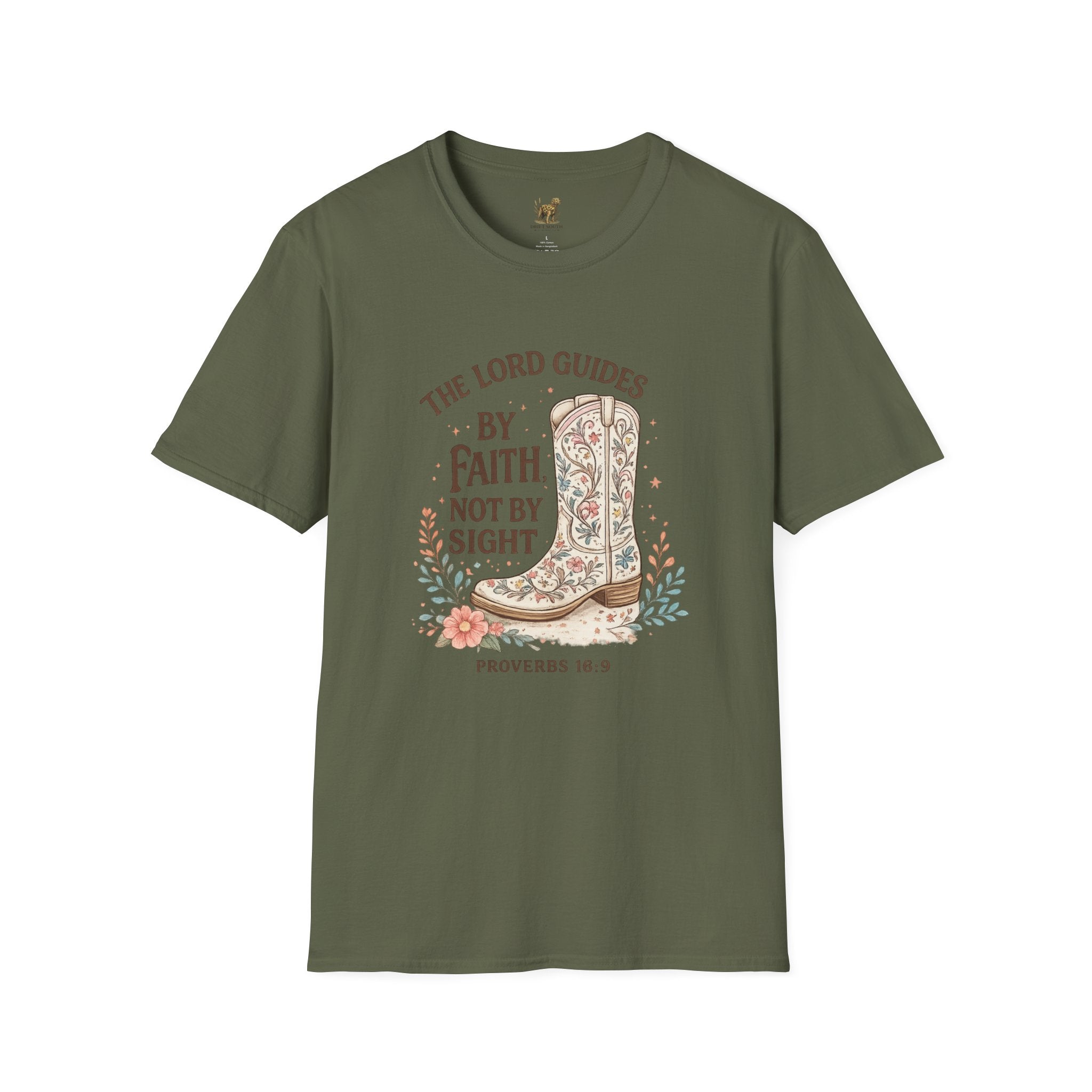 Faith Cowboy Boot T-Shirt – “The Lord Guides by Faith Not by Sight” Scripture Tee