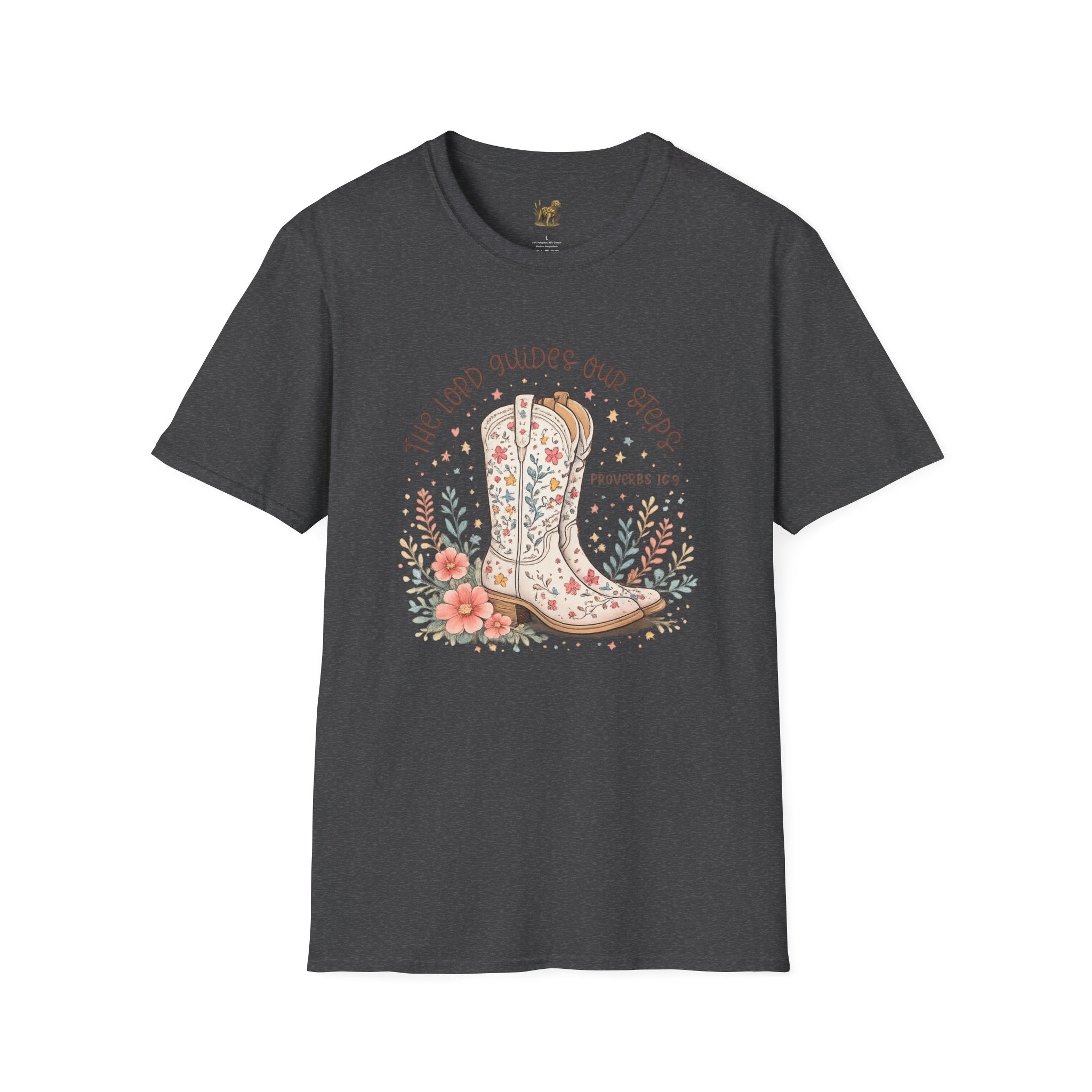 Christian Cowboy Boot T-Shirt — “The Lord Guides Our Steps” Floral Western Tee