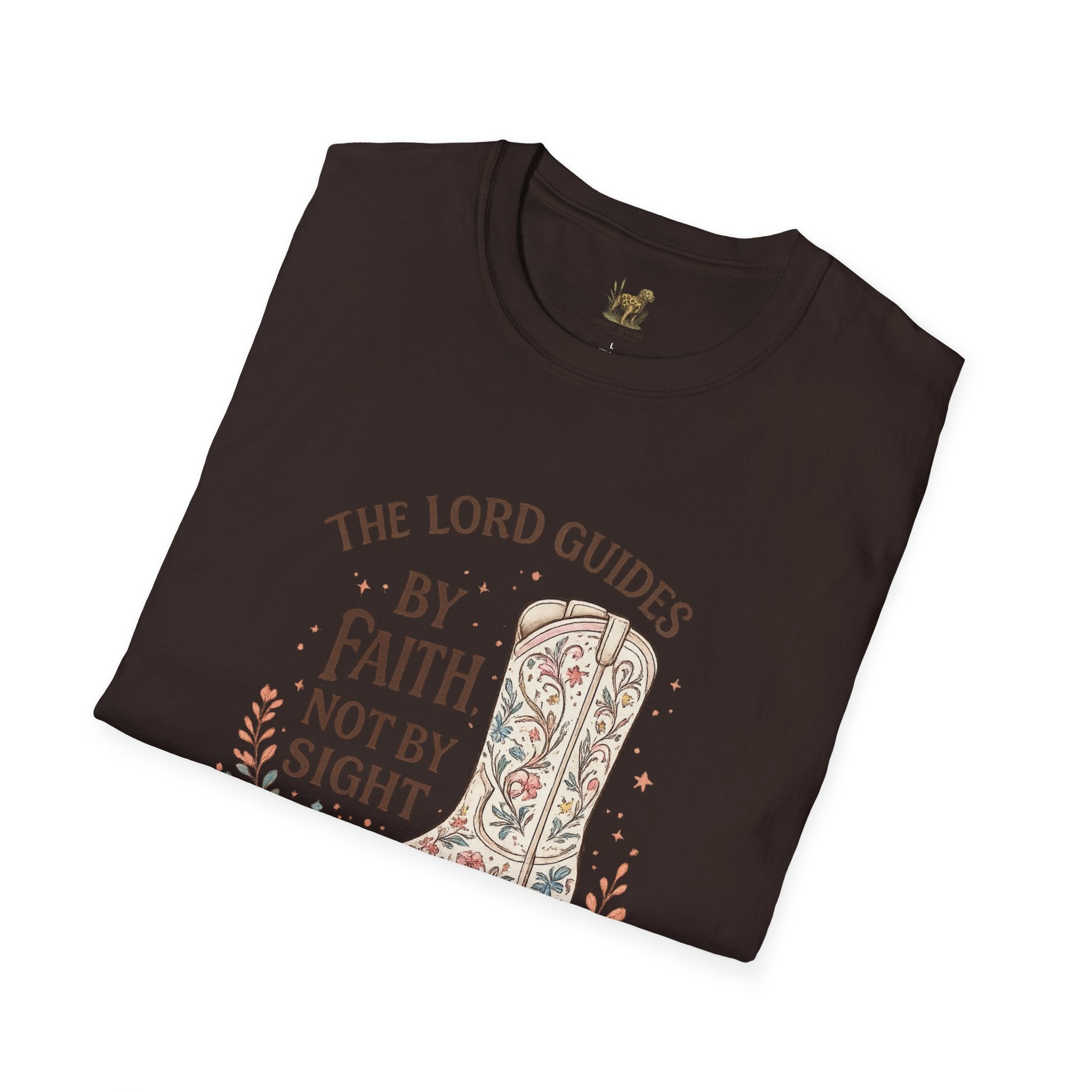 Faith Cowboy Boot T-Shirt – “The Lord Guides by Faith Not by Sight” Scripture Tee