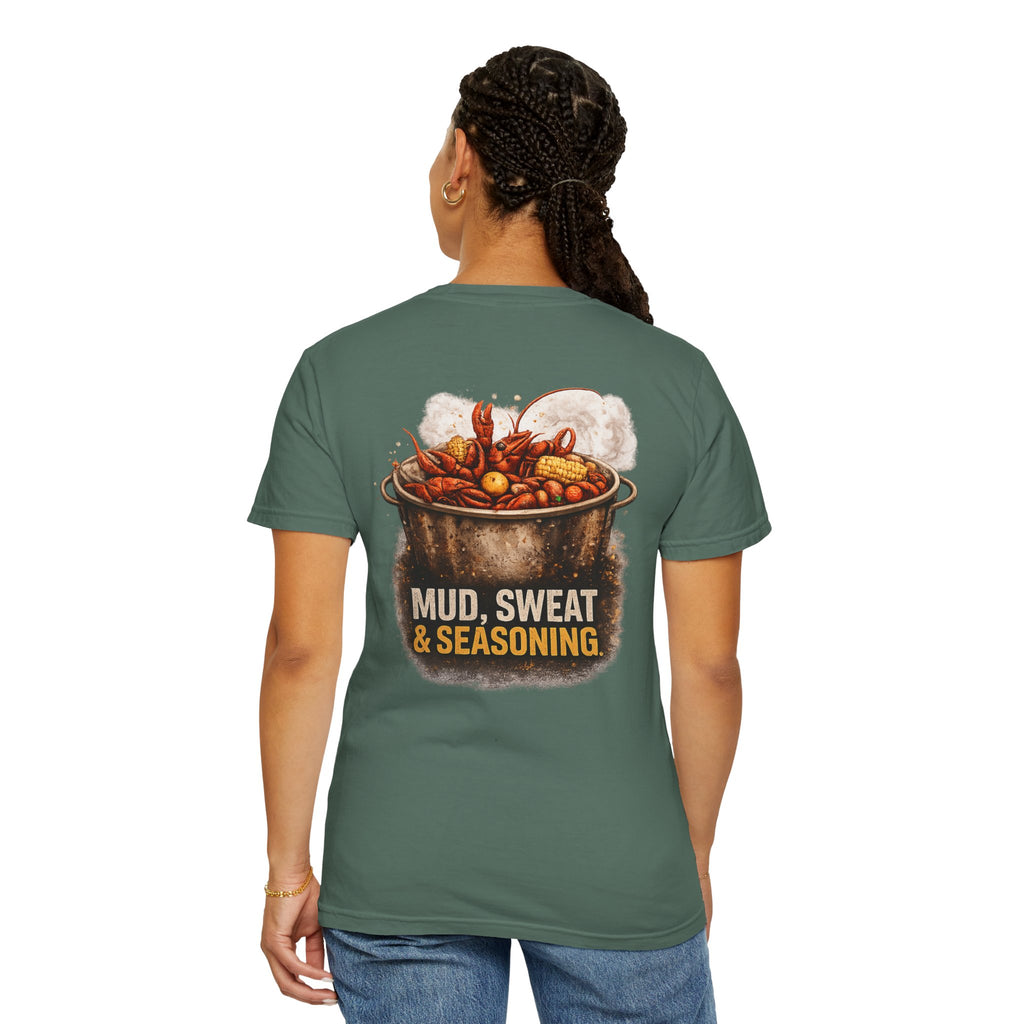 Drift South™-Mud, Sweat & Seasoning Cajun Crawfish Boil T-Shirt | Bayou Born Collection