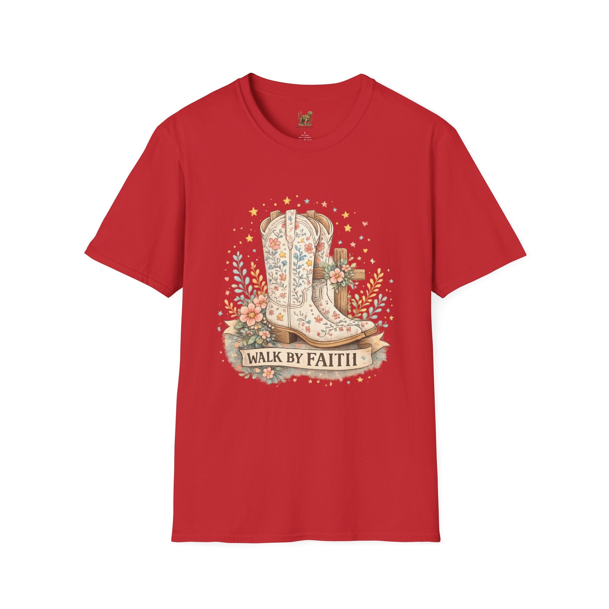 Faith Walk Graphic T-Shirt — Floral Cowboy Boots & Cross Design