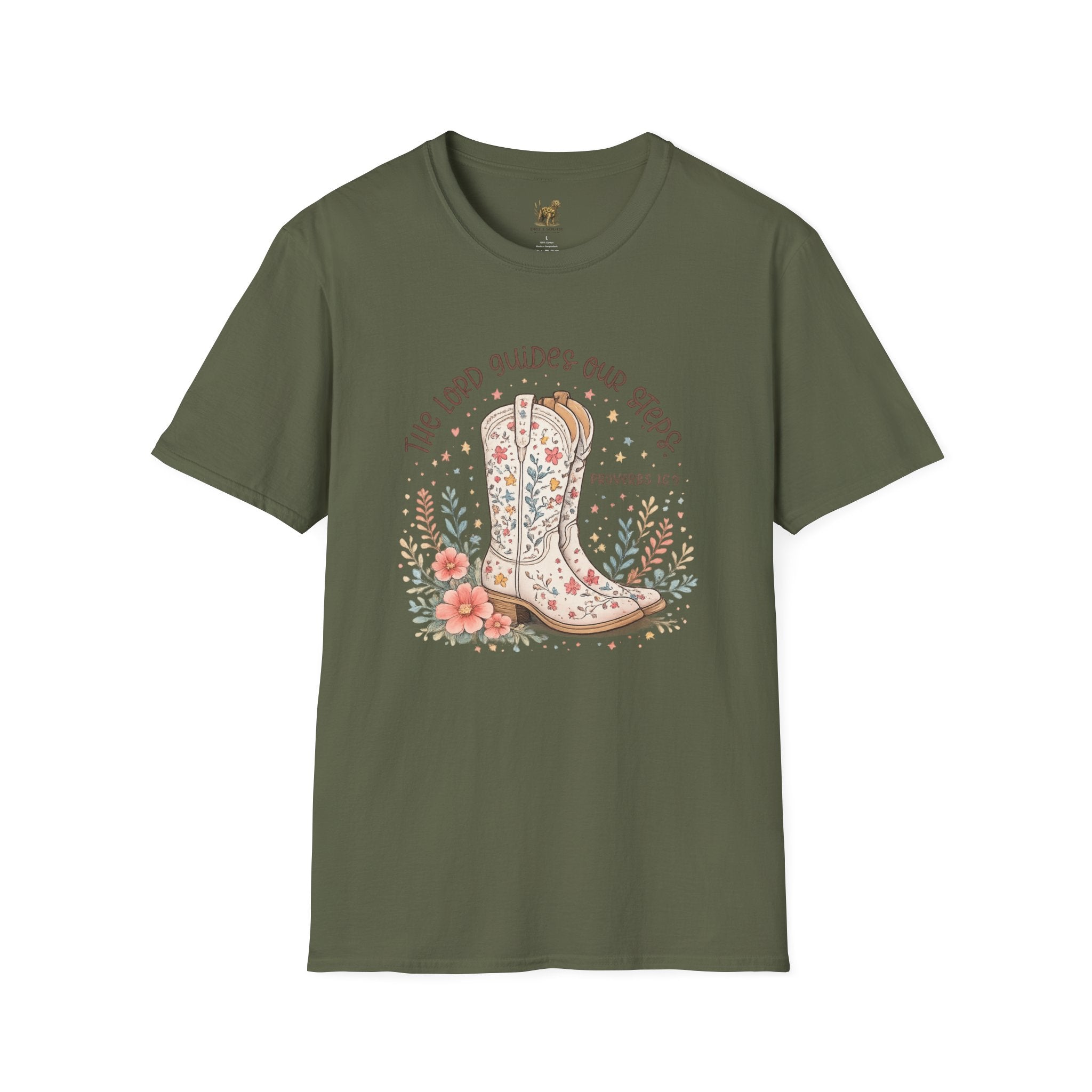 Christian Cowboy Boot T-Shirt — “The Lord Guides Our Steps” Floral Western Tee