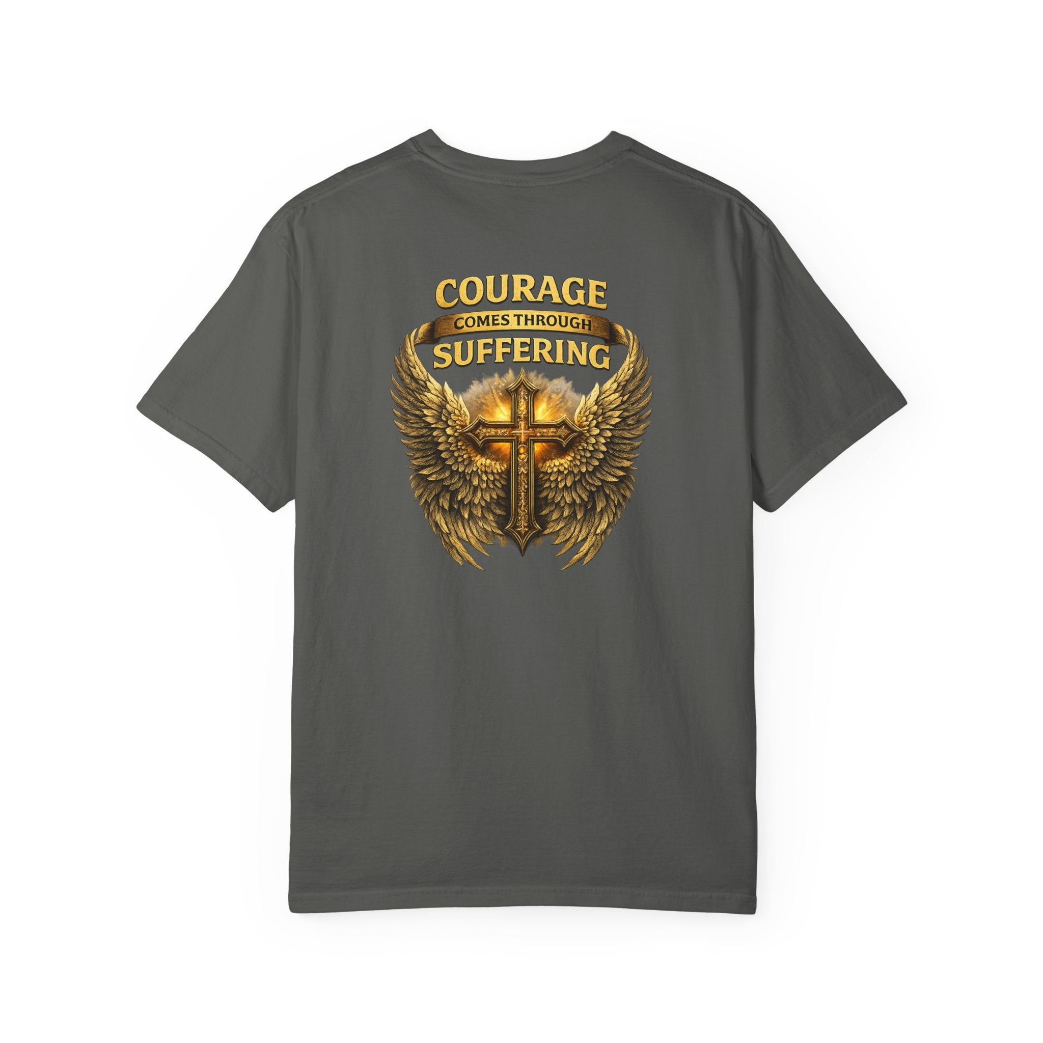 Courage Comes Through Suffering Christian Shirt – Cross & Angel Wings Tee