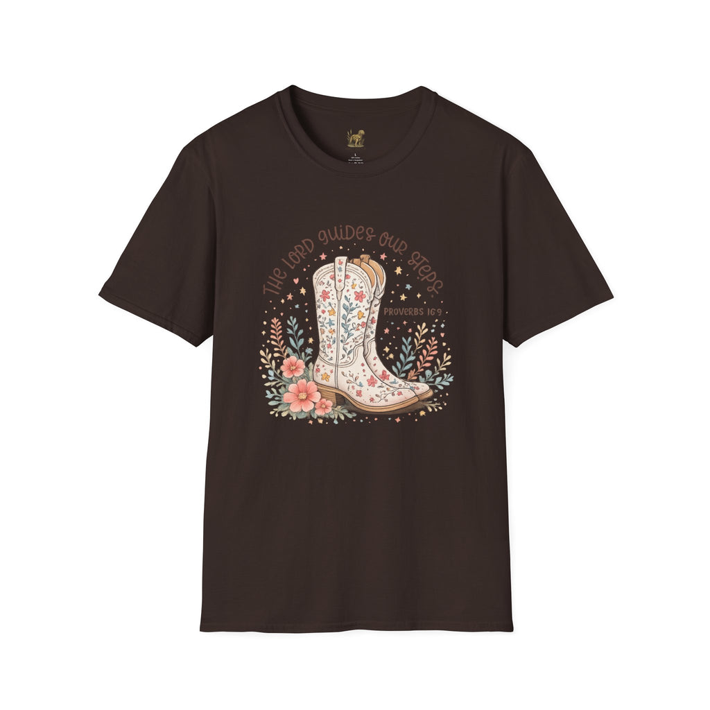 Christian Cowboy Boot T-Shirt — “The Lord Guides Our Steps” Floral Western Tee