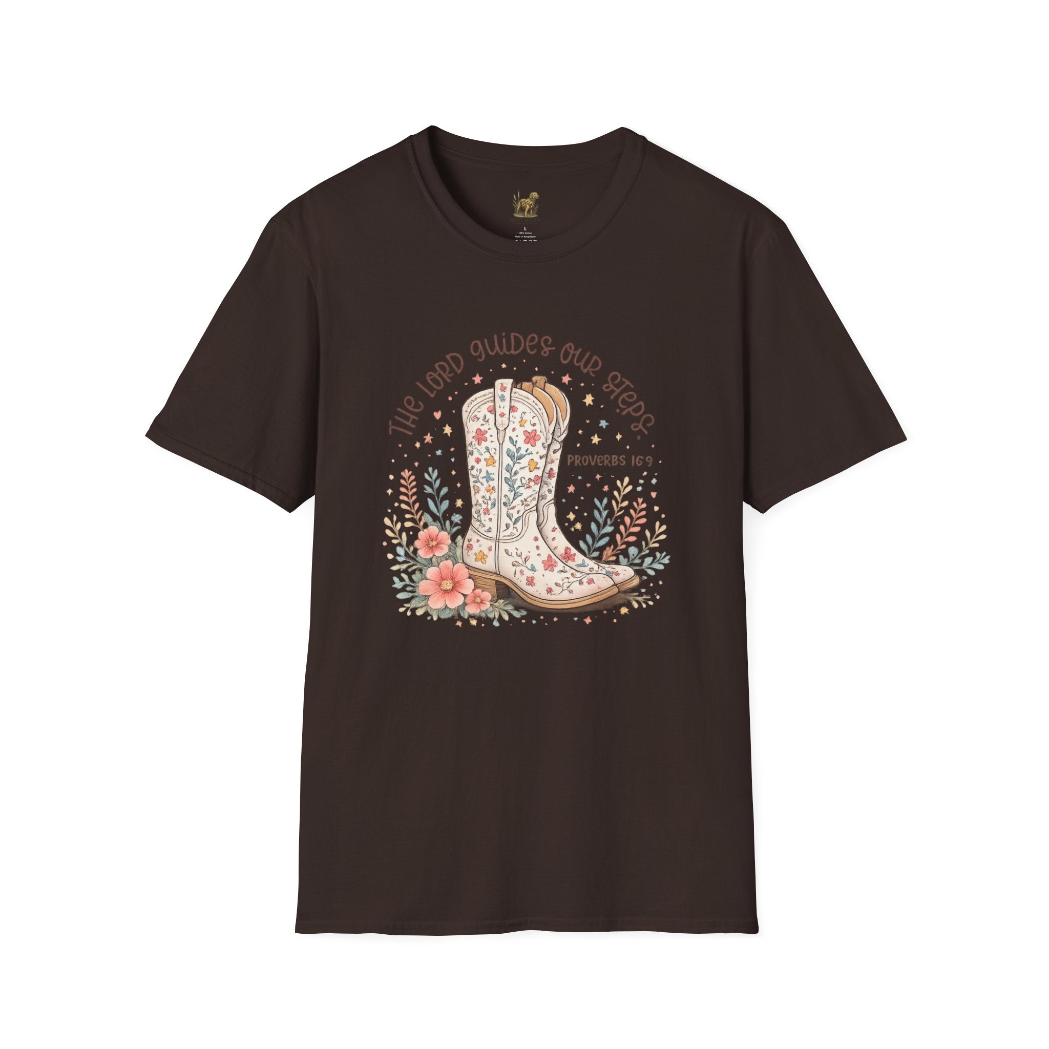 Christian Cowboy Boot T-Shirt — “The Lord Guides Our Steps” Floral Western Tee