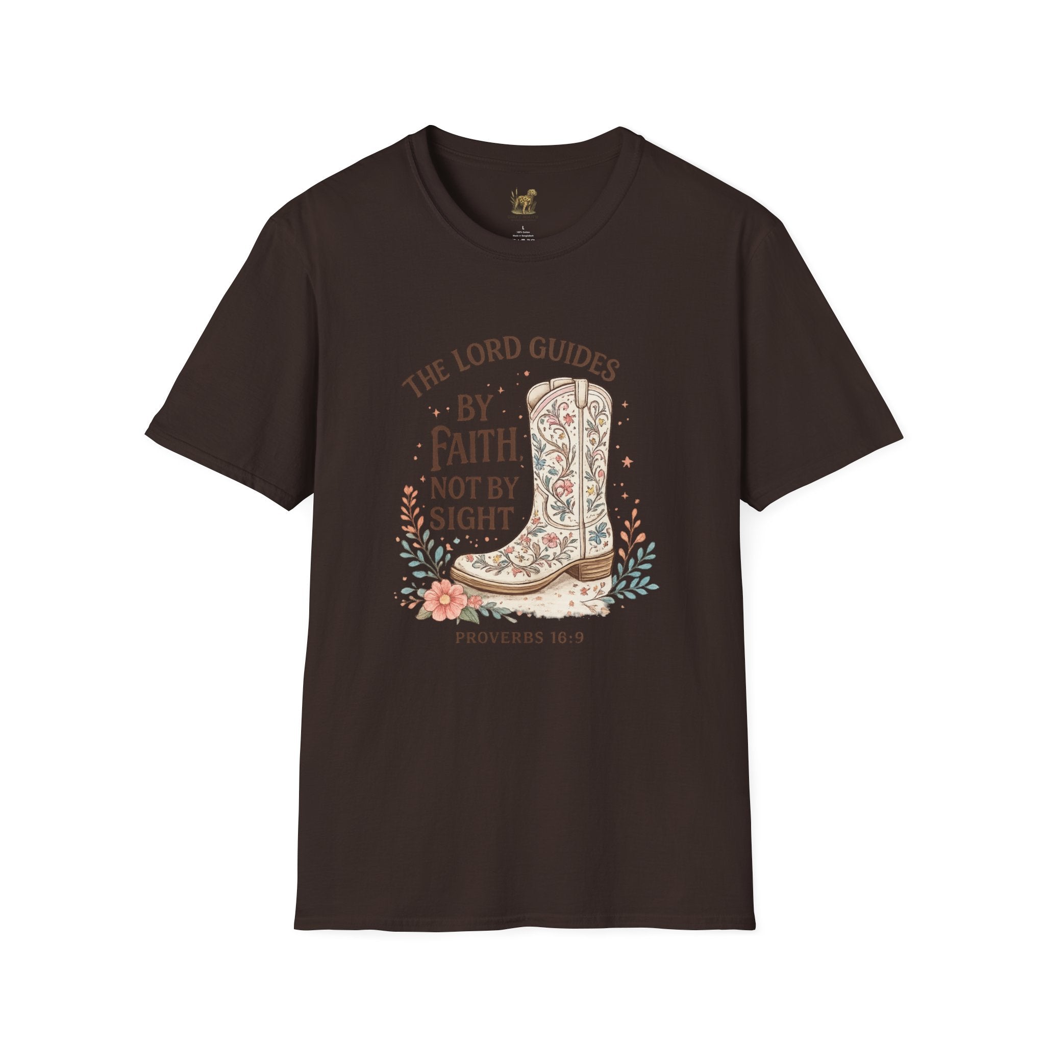 Faith Cowboy Boot T-Shirt – “The Lord Guides by Faith Not by Sight” Scripture Tee