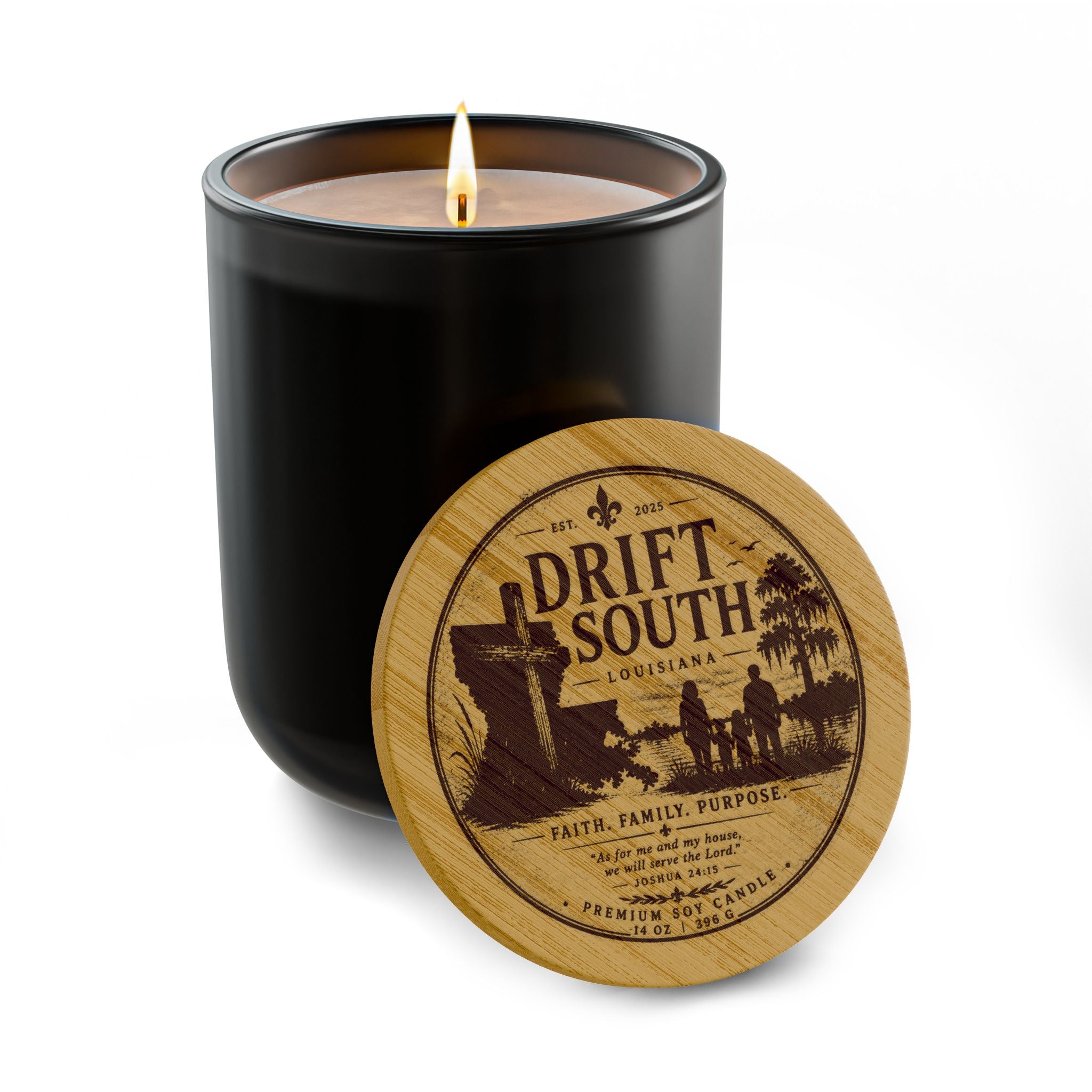 Drift South Engraved Soy Candle — 14oz Scented Candle with Wooden Lid