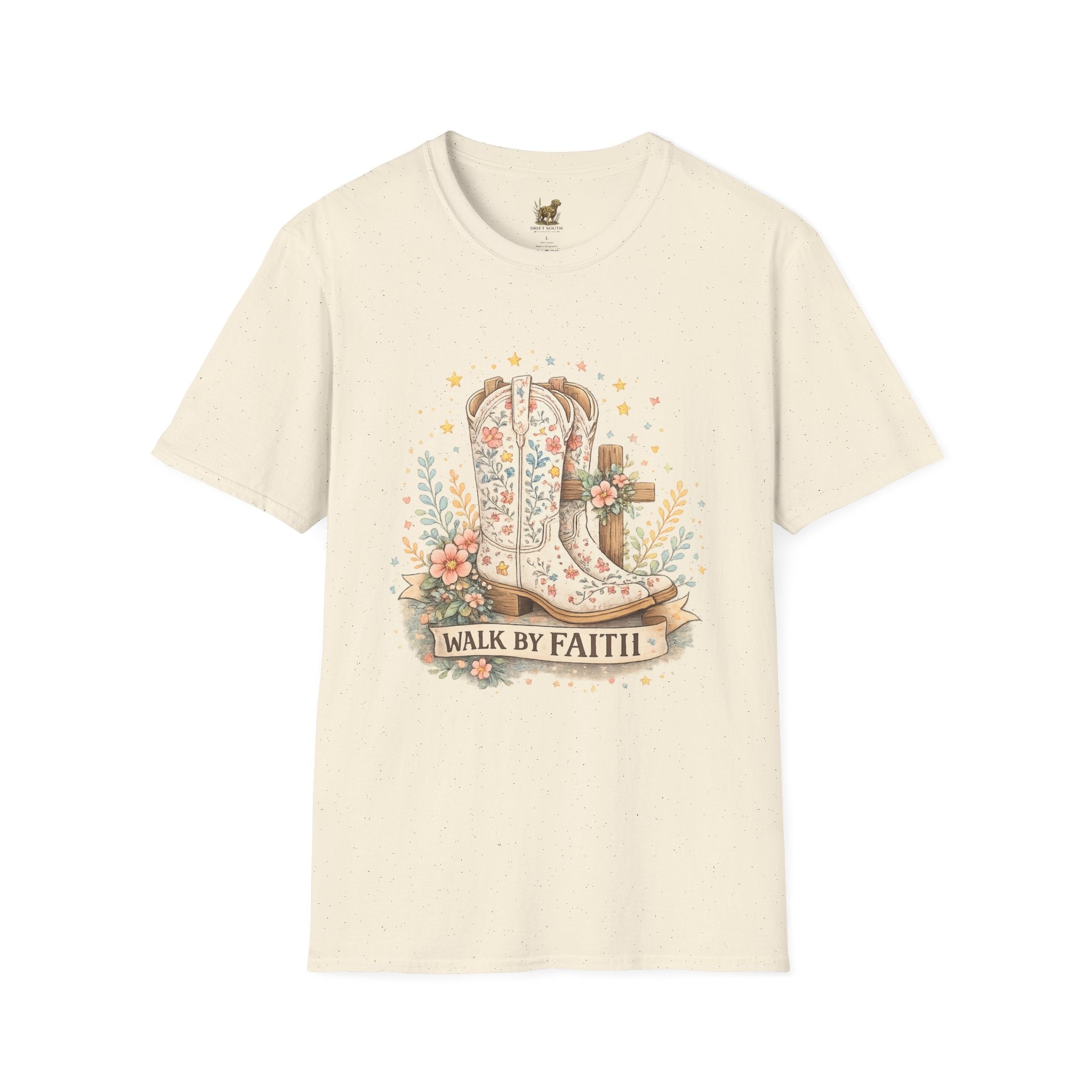 Faith Walk Graphic T-Shirt — Floral Cowboy Boots & Cross Design