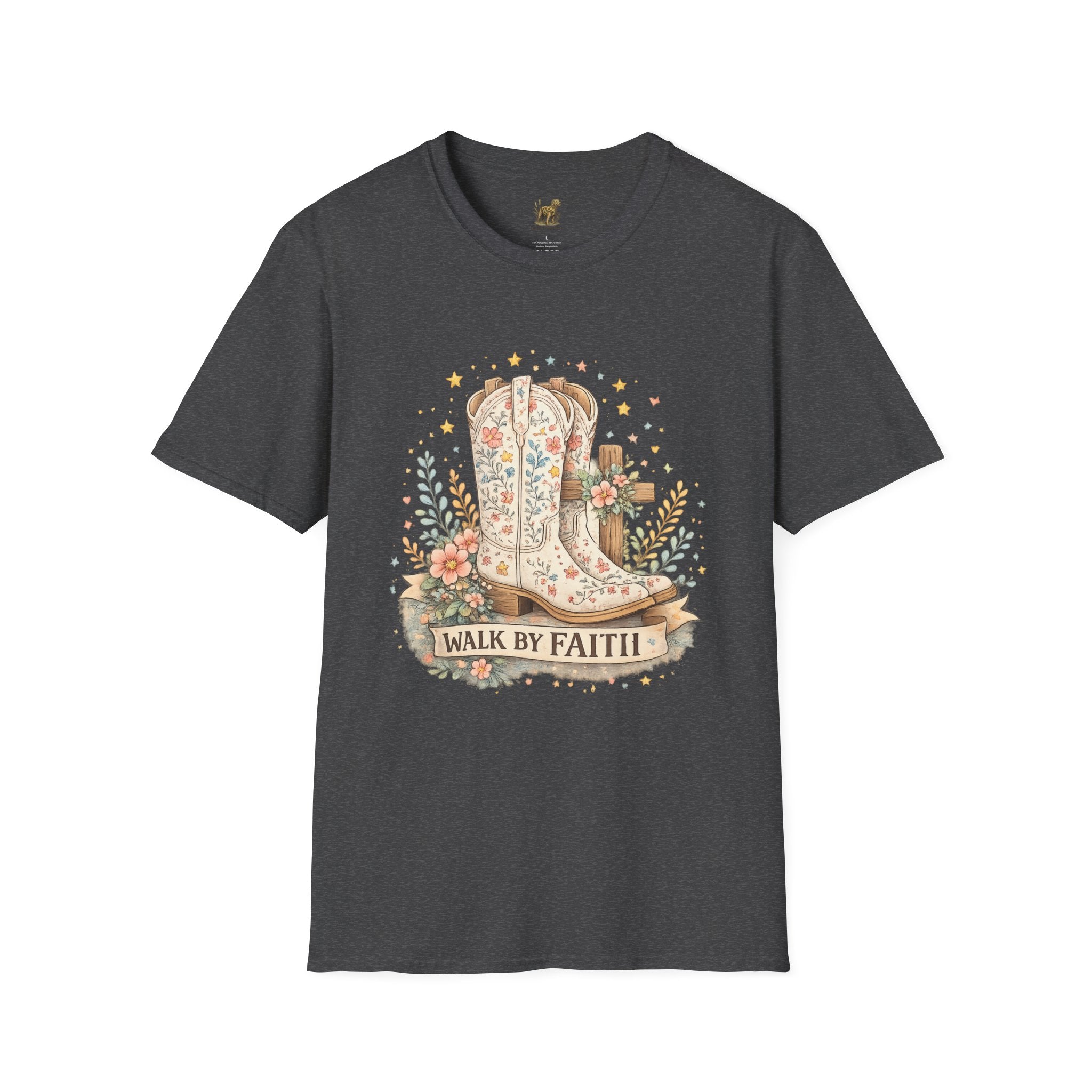Faith Walk Graphic T-Shirt — Floral Cowboy Boots & Cross Design